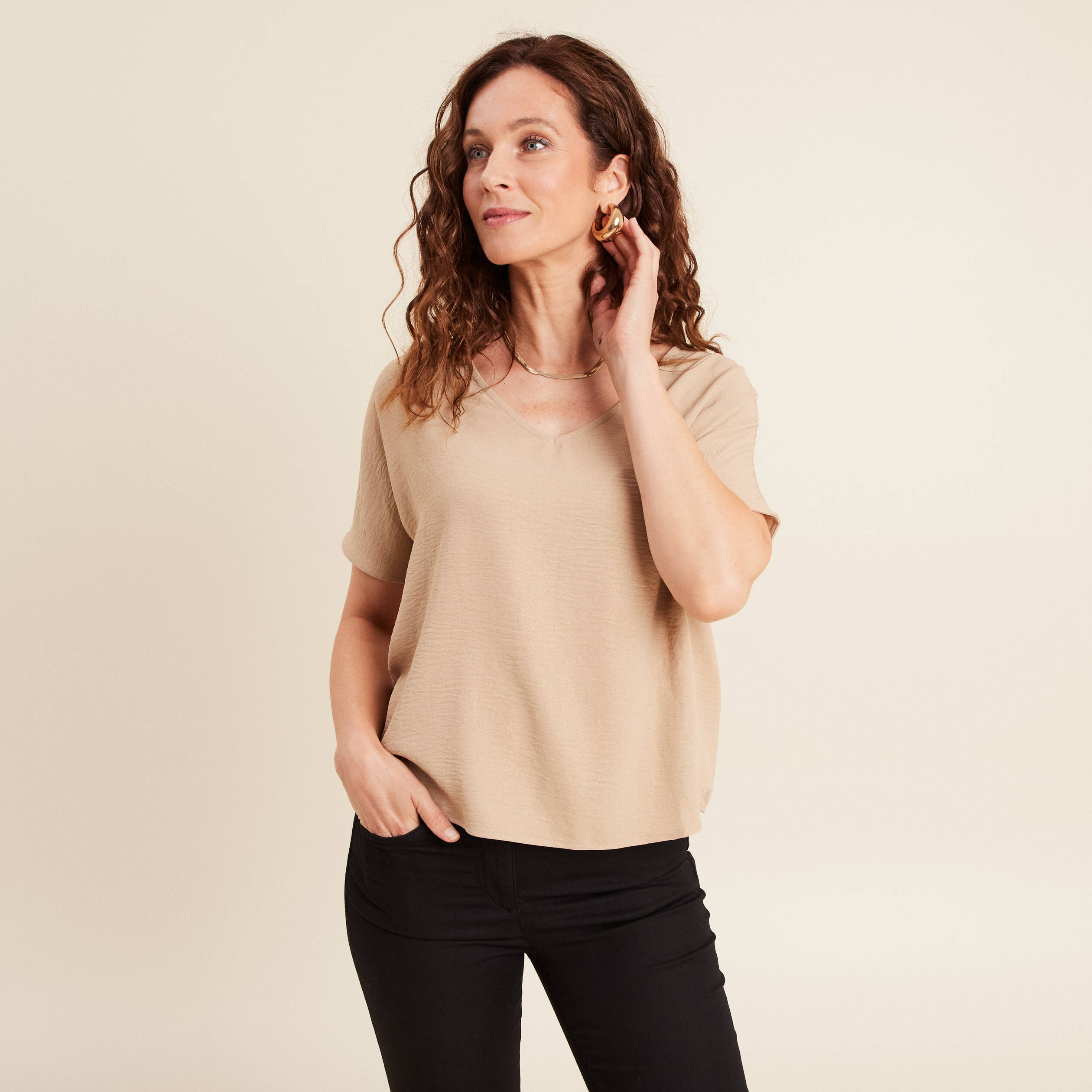 Blouse Marron Motif Coquillages - Manches Courtes - Viscose - Taille 46 - Zilch Amsterdam