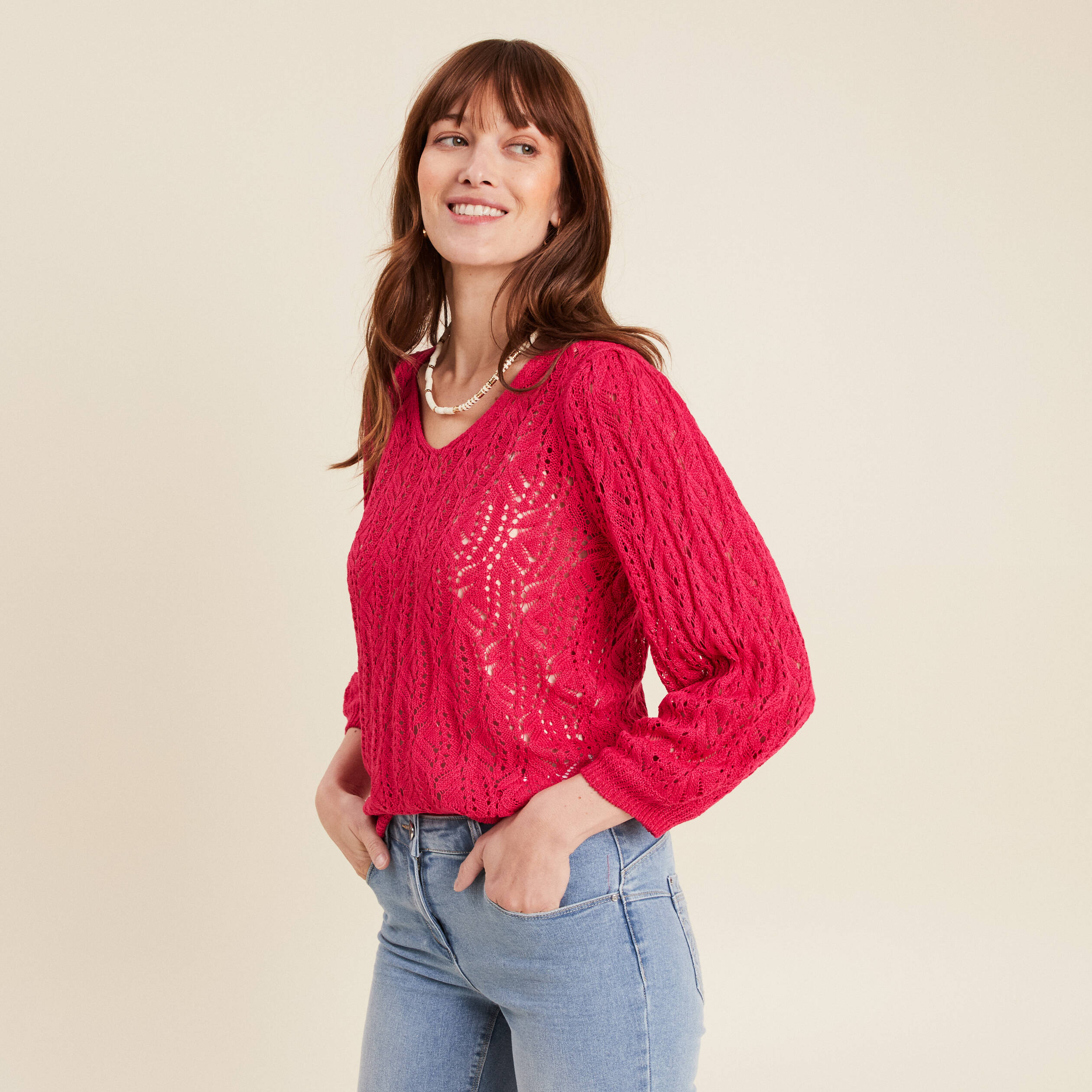 Pull manches 3/4 ajouré rose fushia femme