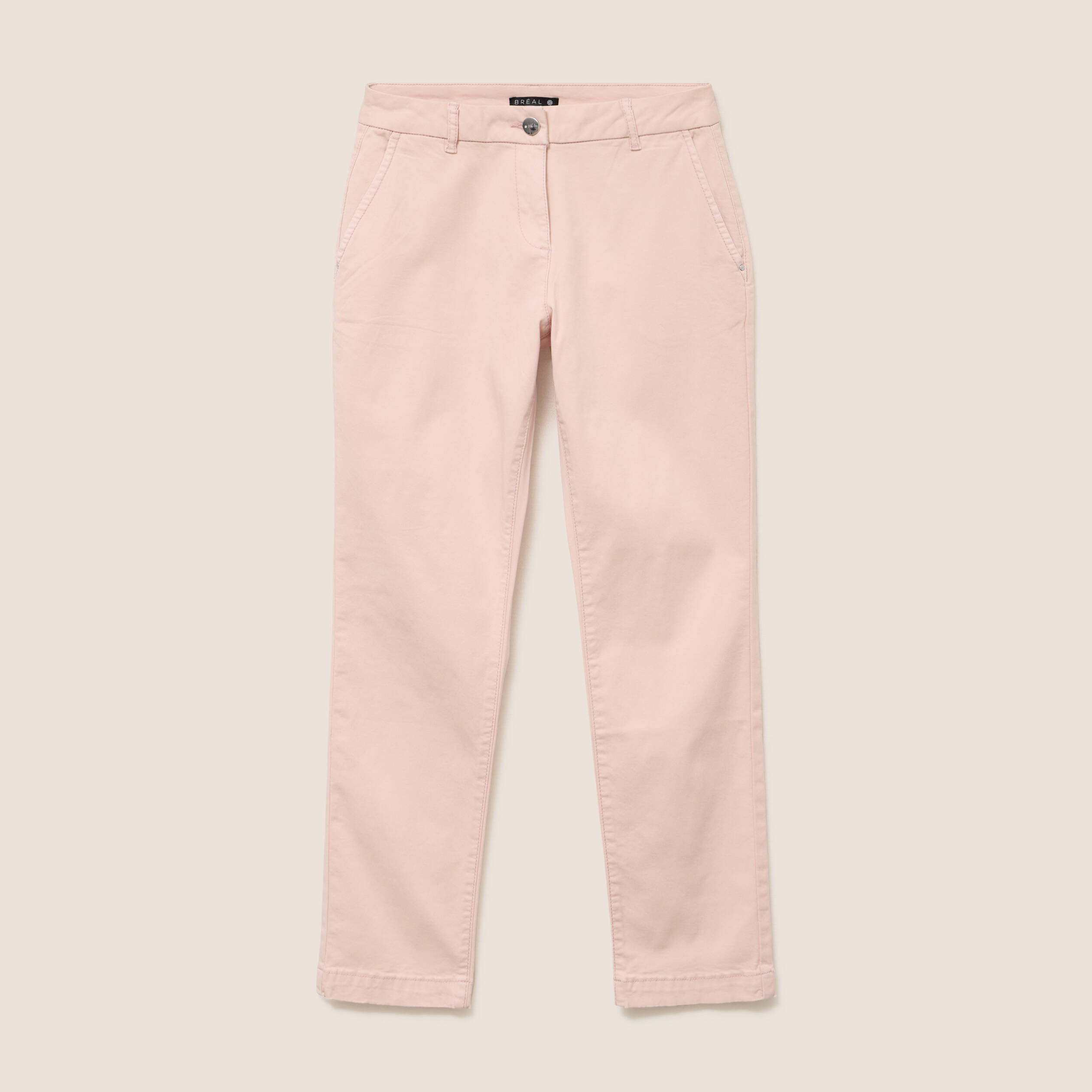 Pantalon coupe chino taille bascul&eacute;e rose poudr&eacute;e femme