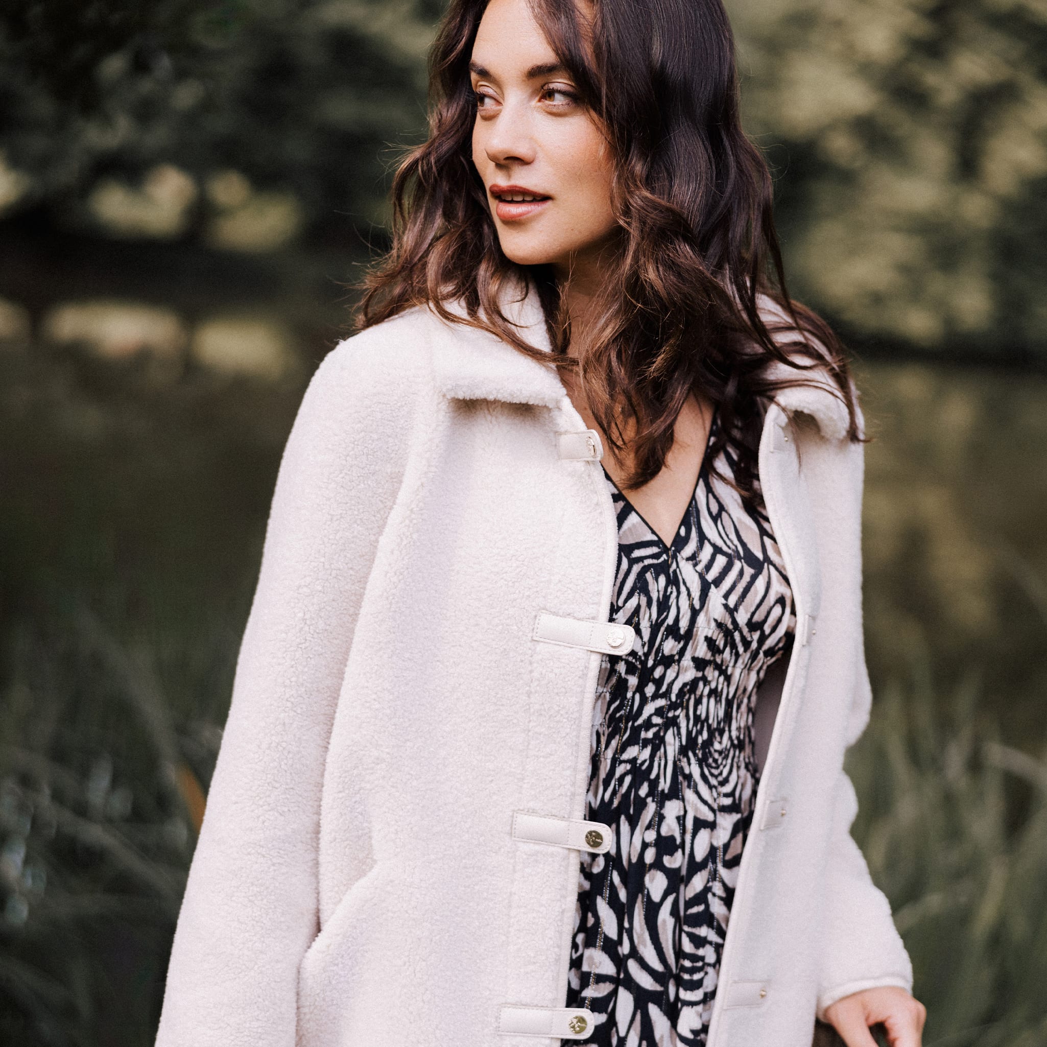 Manteau droit effet mouton ivoire femme
