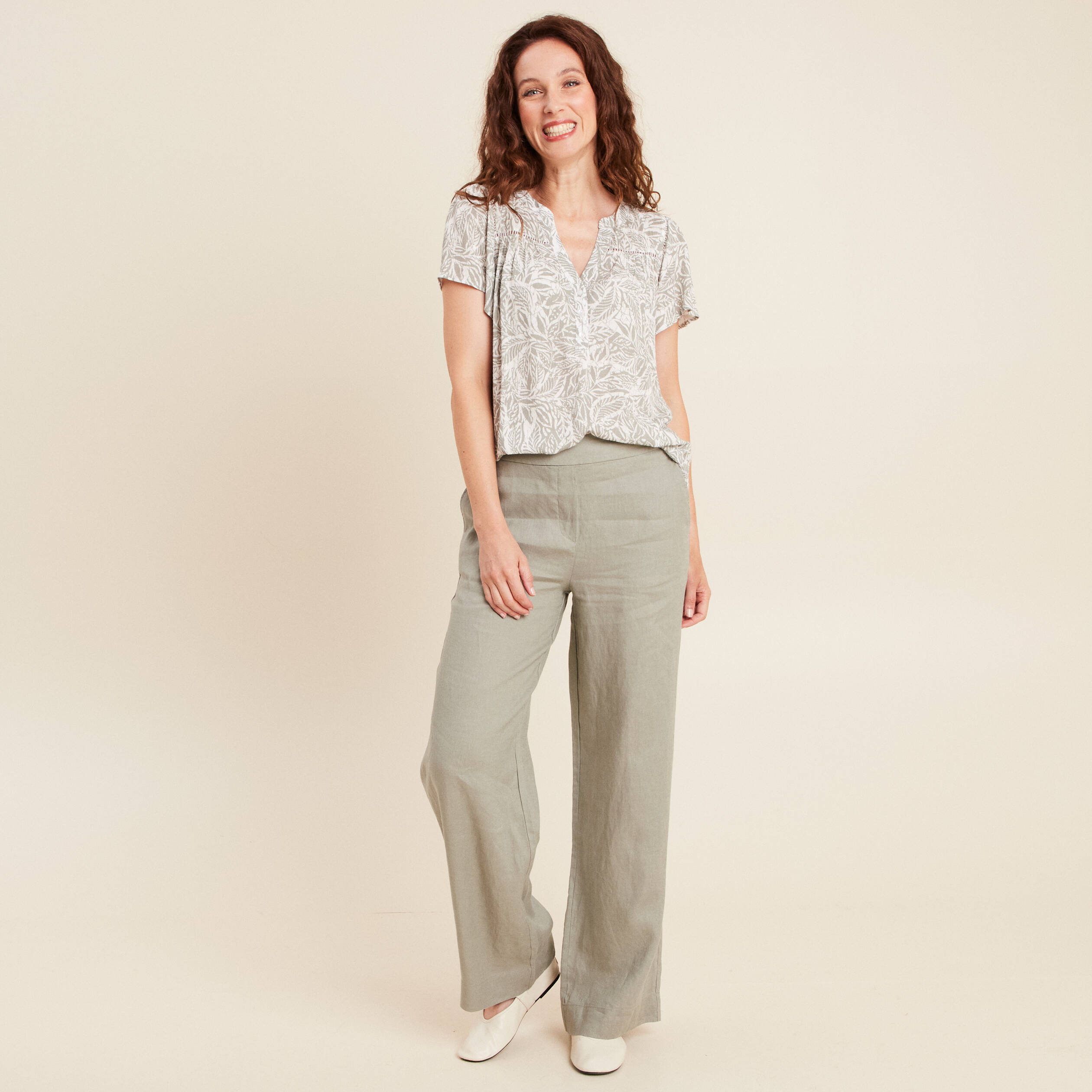 pantalon large taille haute en lin vert clair femme Pantalon large taille haute en lin vert clair femme