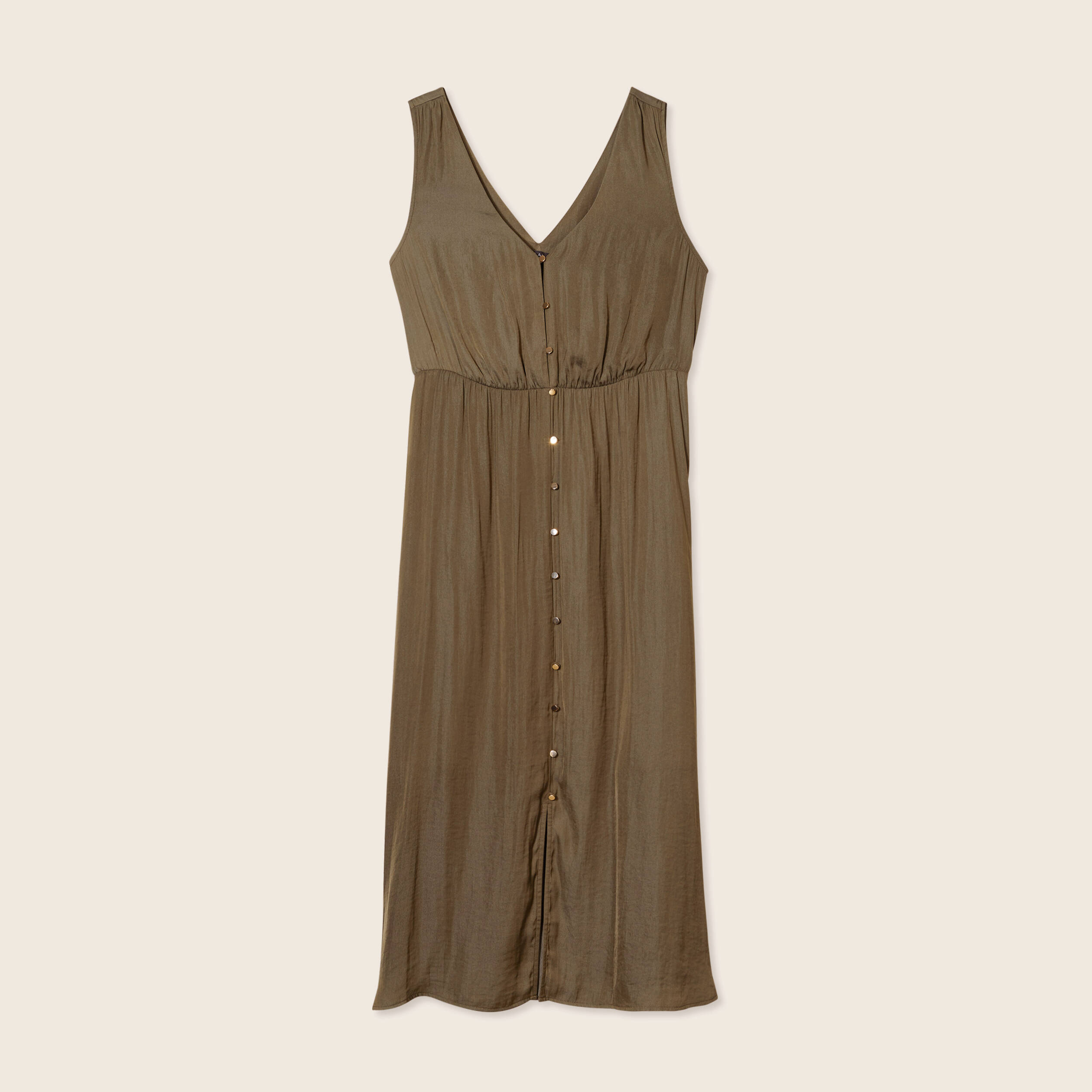 Robe midi évasée satin vert kaki femme