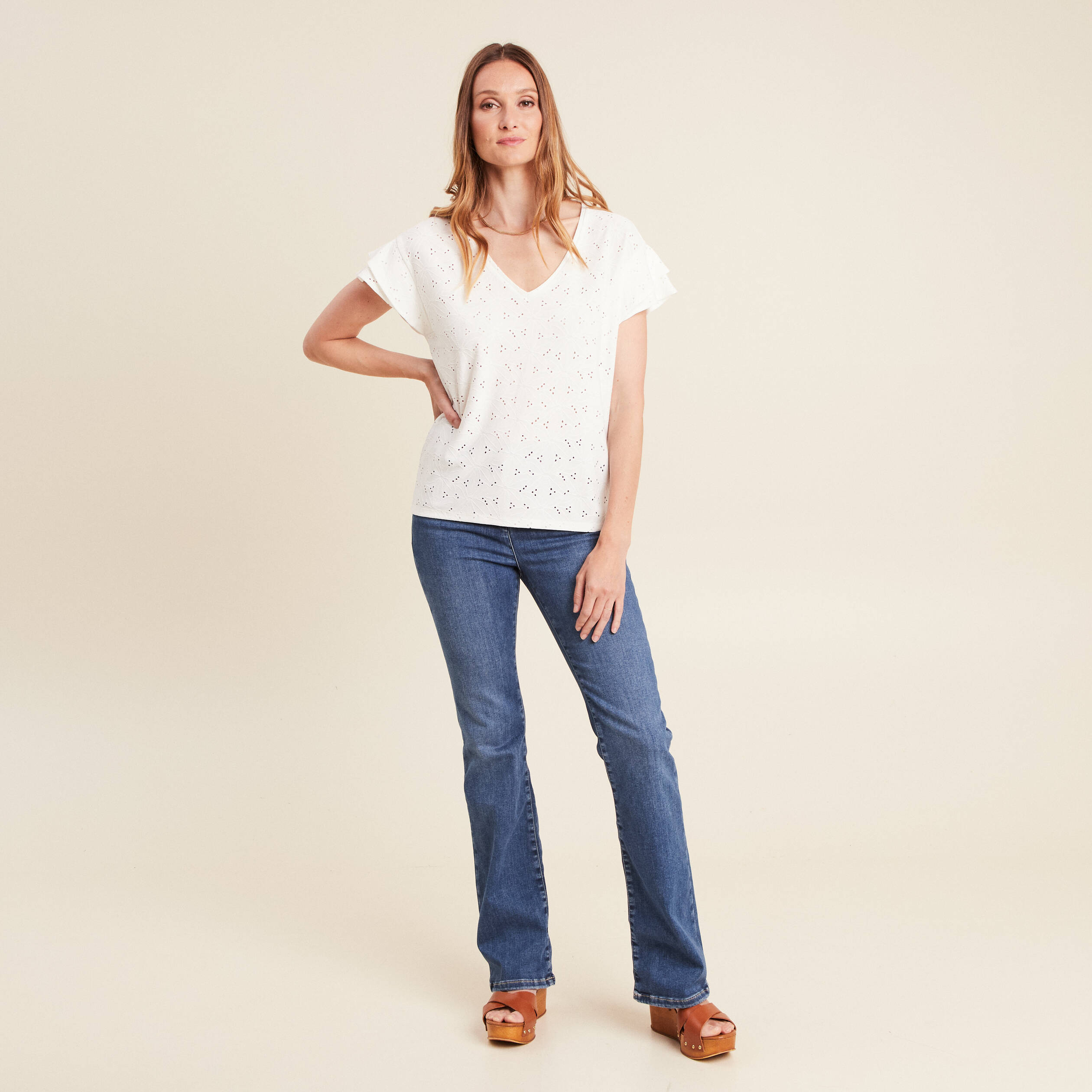 t shirt cintre col v ecru femme T-shirt cintré col V ecru femme