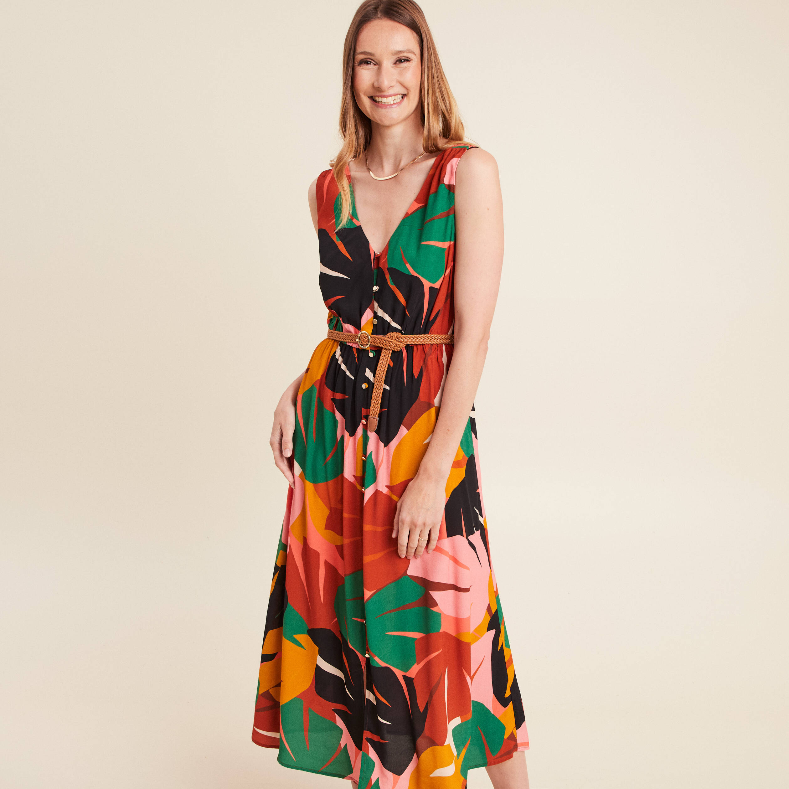 robe midi evasee ceinturee multicolore femme Robe midi évasée ceinturée multicolore femme
