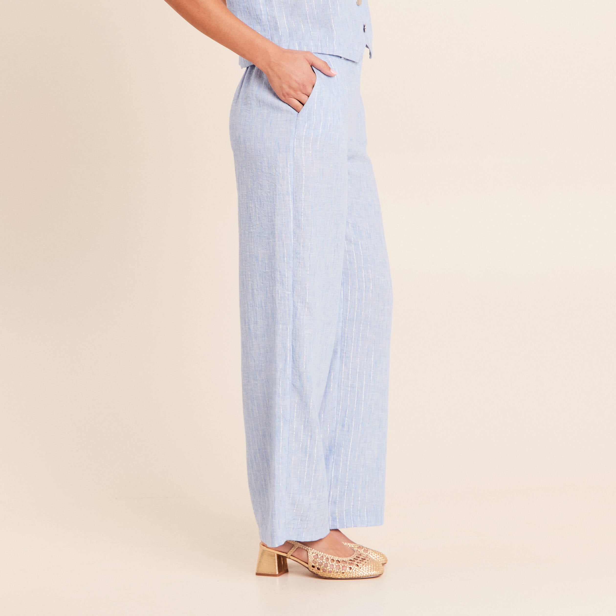 Pantalon large taille haute bleu femme