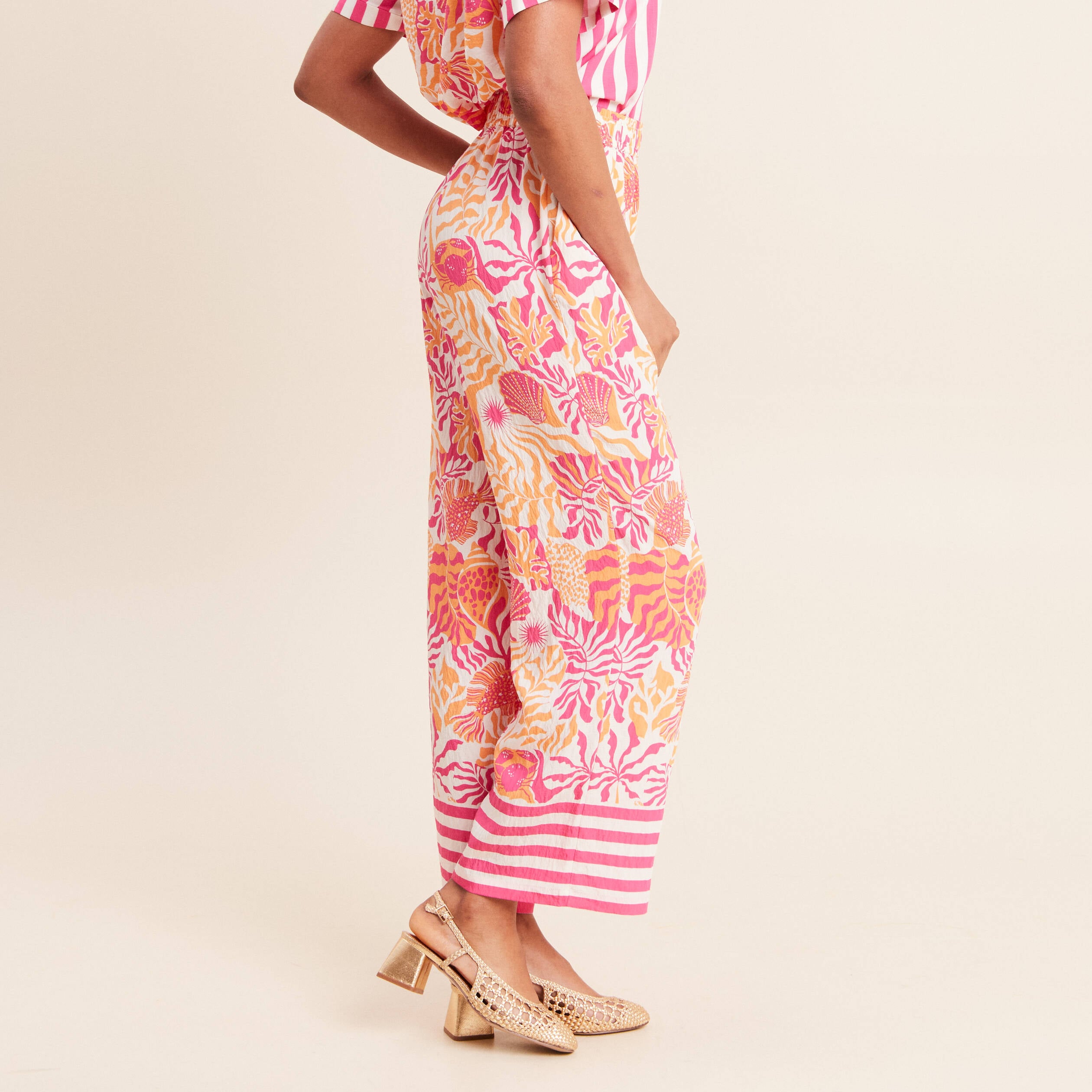 Pantalon fluide et large taille haute rose corail femme