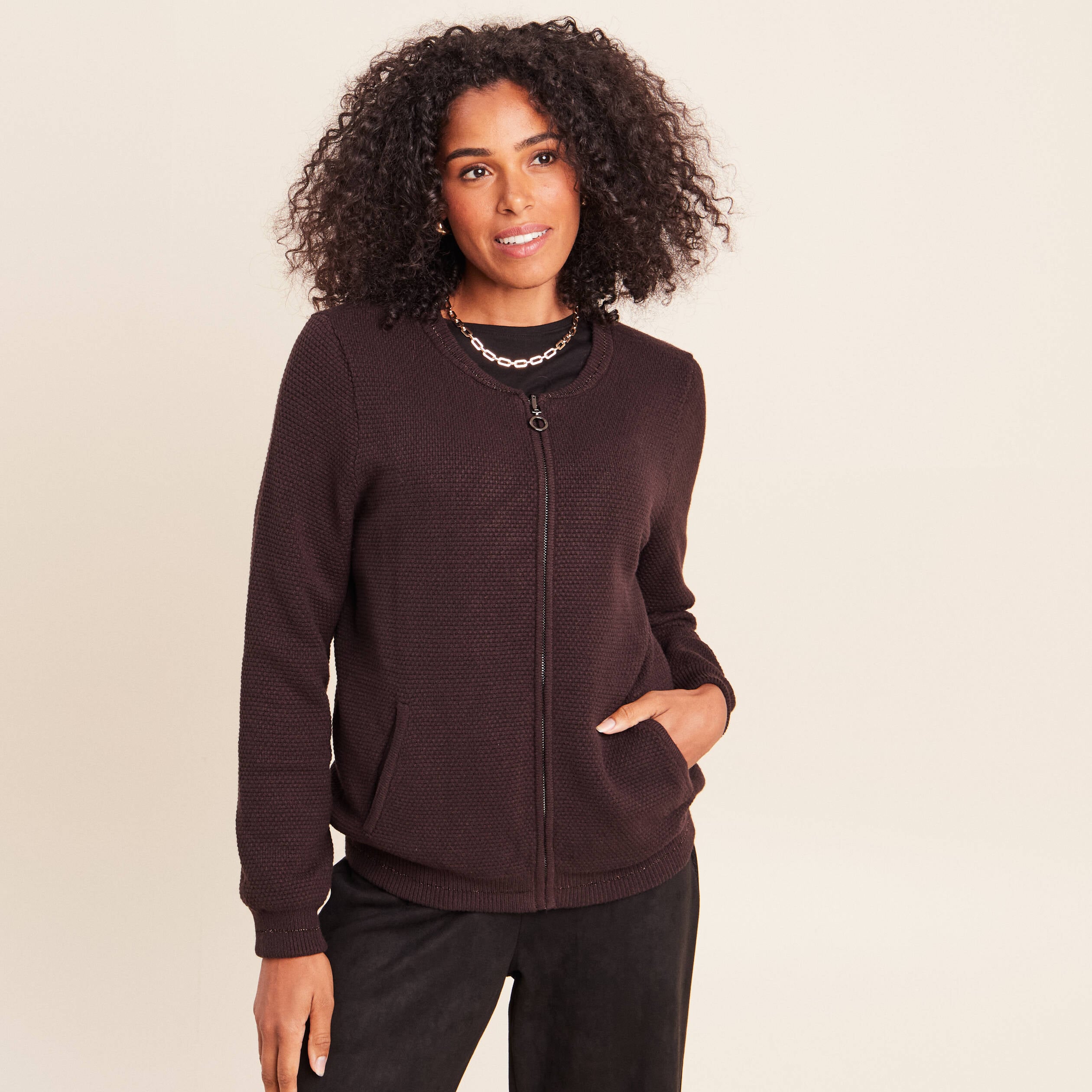 Gilet r&eacute;versible manches longues marron fonc&eacute; femme