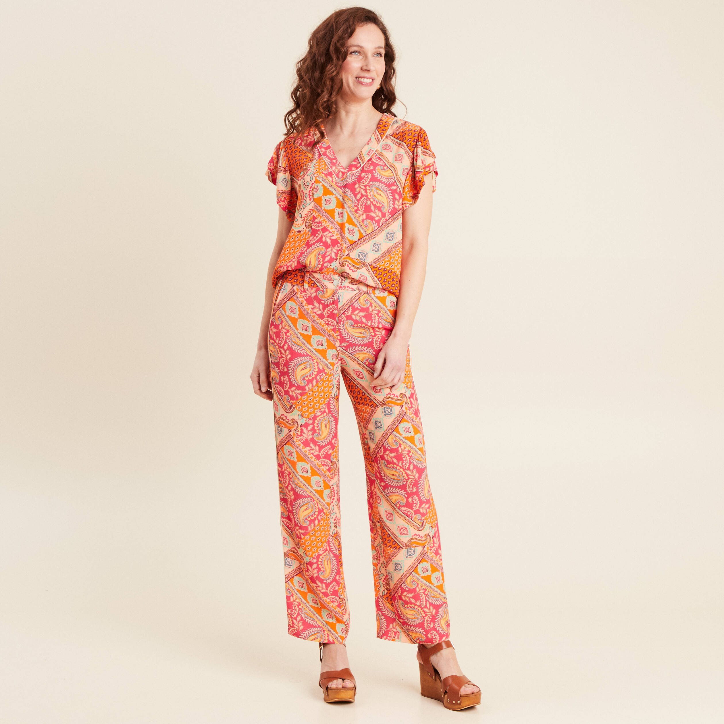 Pantalon large taille haute orange femme
