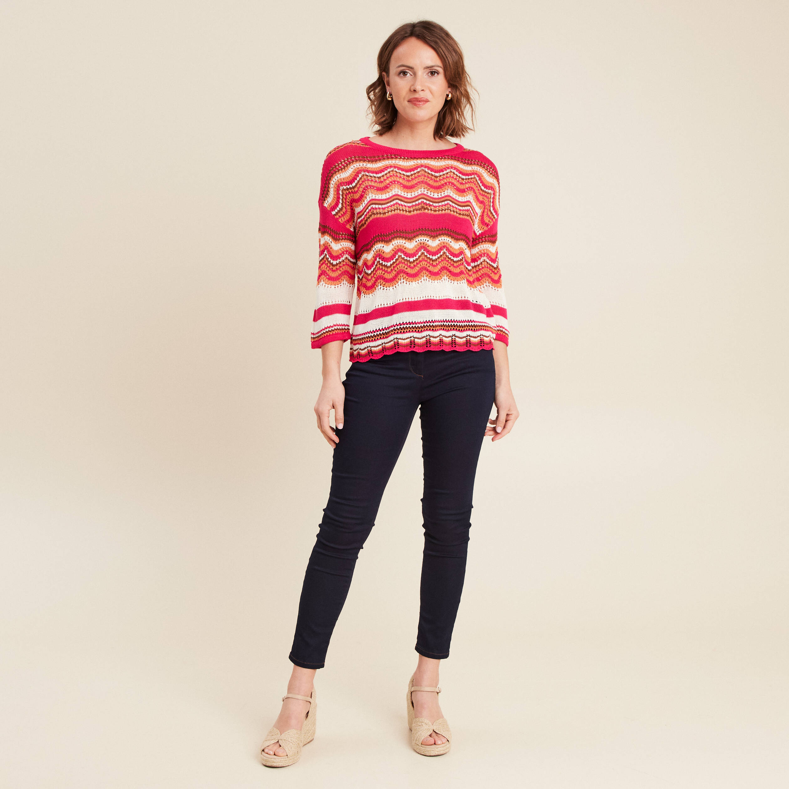 Pull manches 3/4 ajouré rose fushia femme