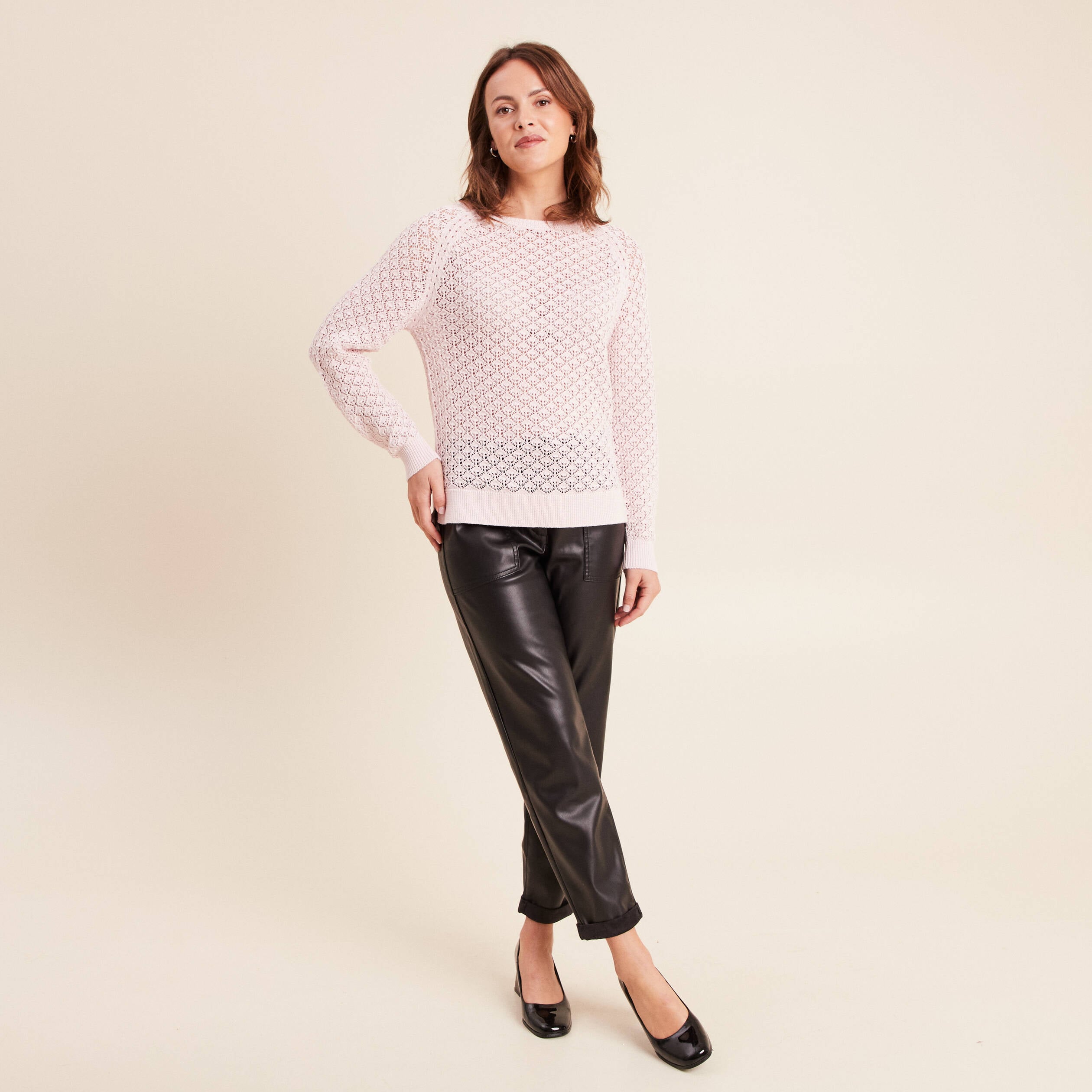 Pull col rond manches longues rose clair femme