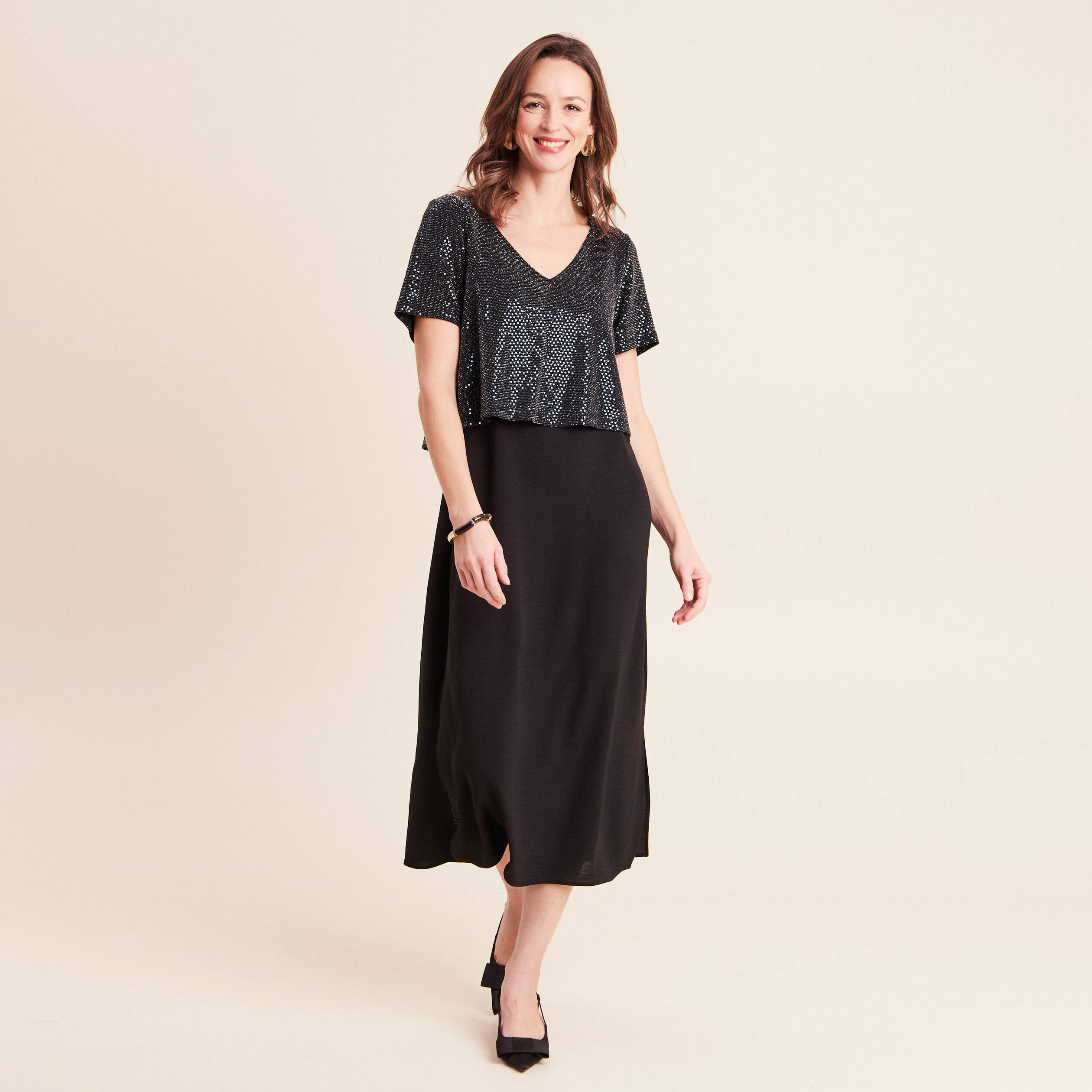 Robe longue &eacute;vas&eacute;e 2 en 1 col rond bleu marine femme