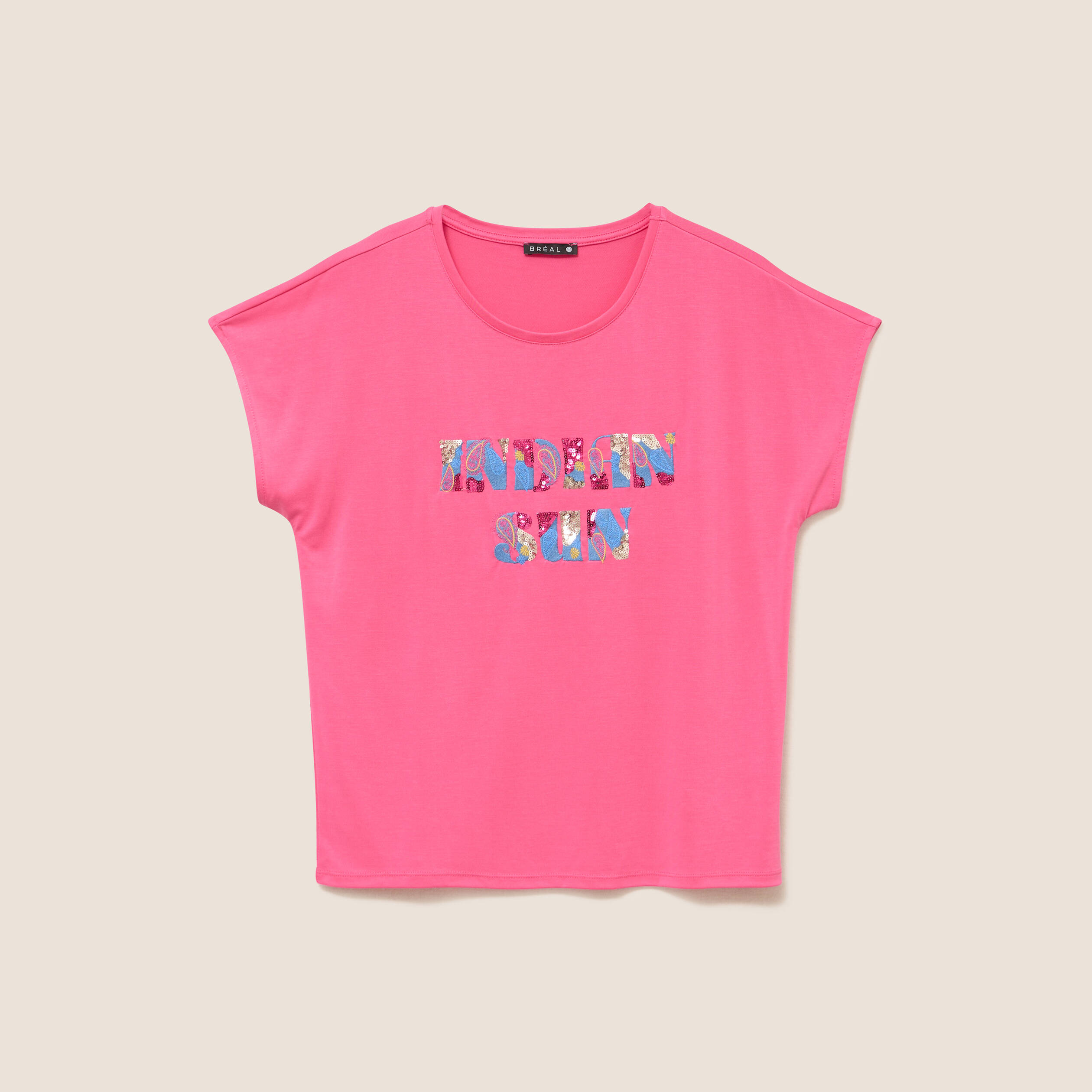 T-shirt col rond manches courtes brod&eacute; rose fushia femme
