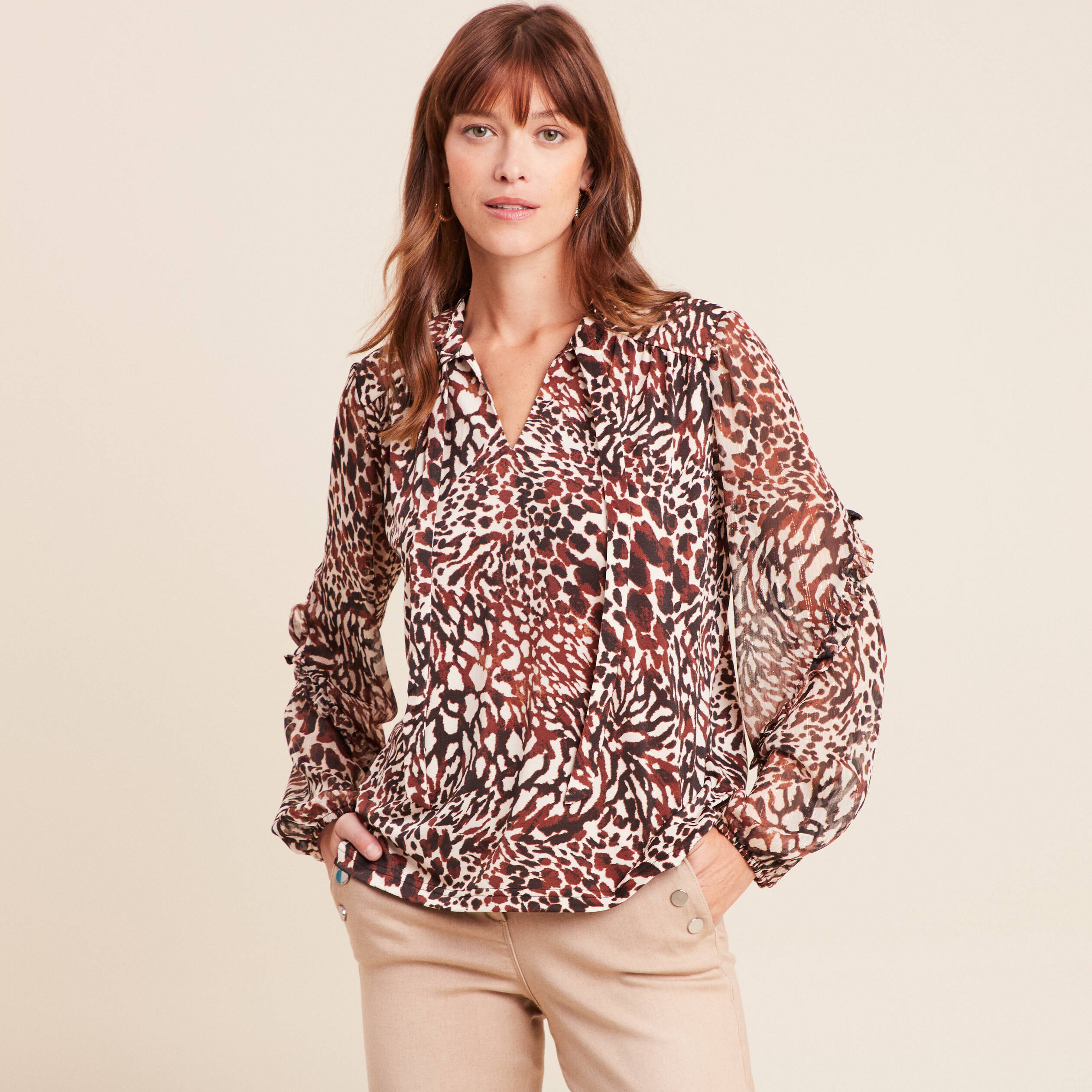 T-shirt manches longues col nou&eacute; marron femme