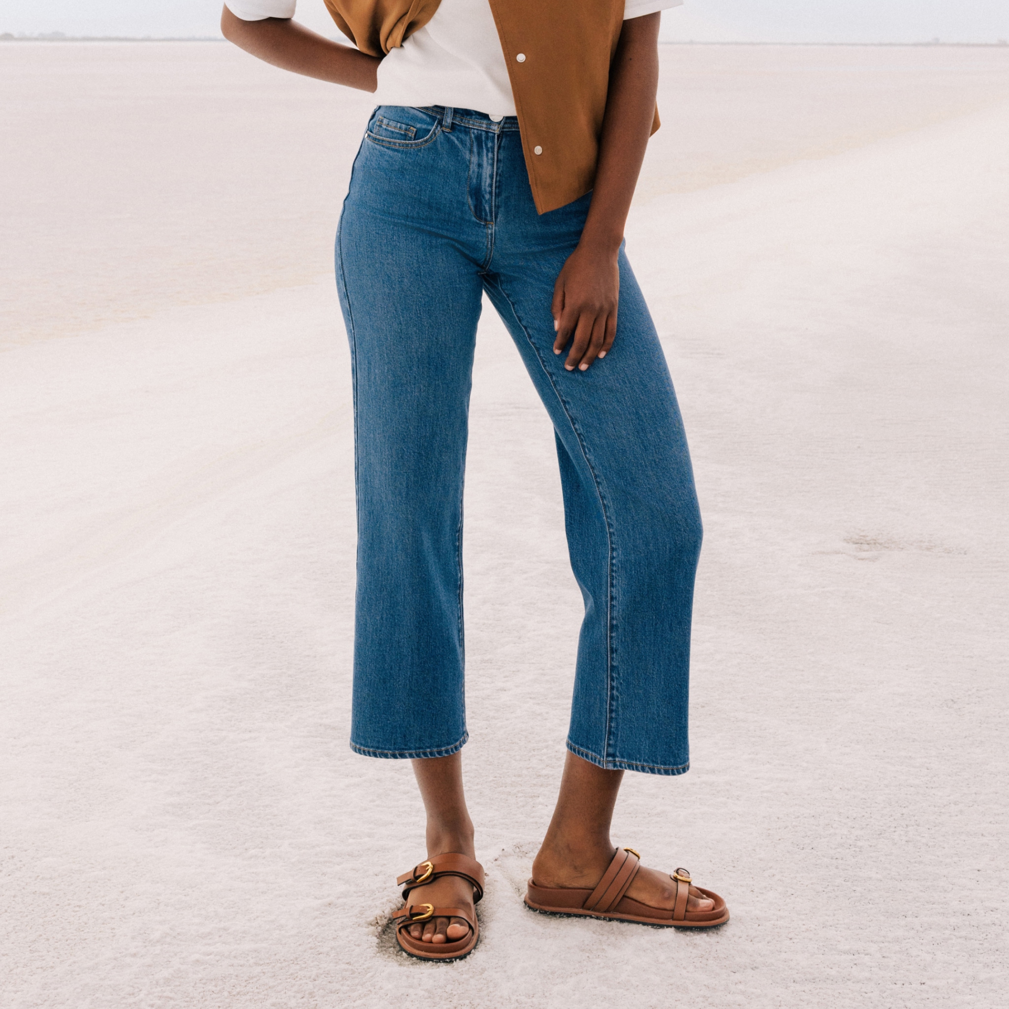 Jean large 7/8ème taille haute denim stone femme