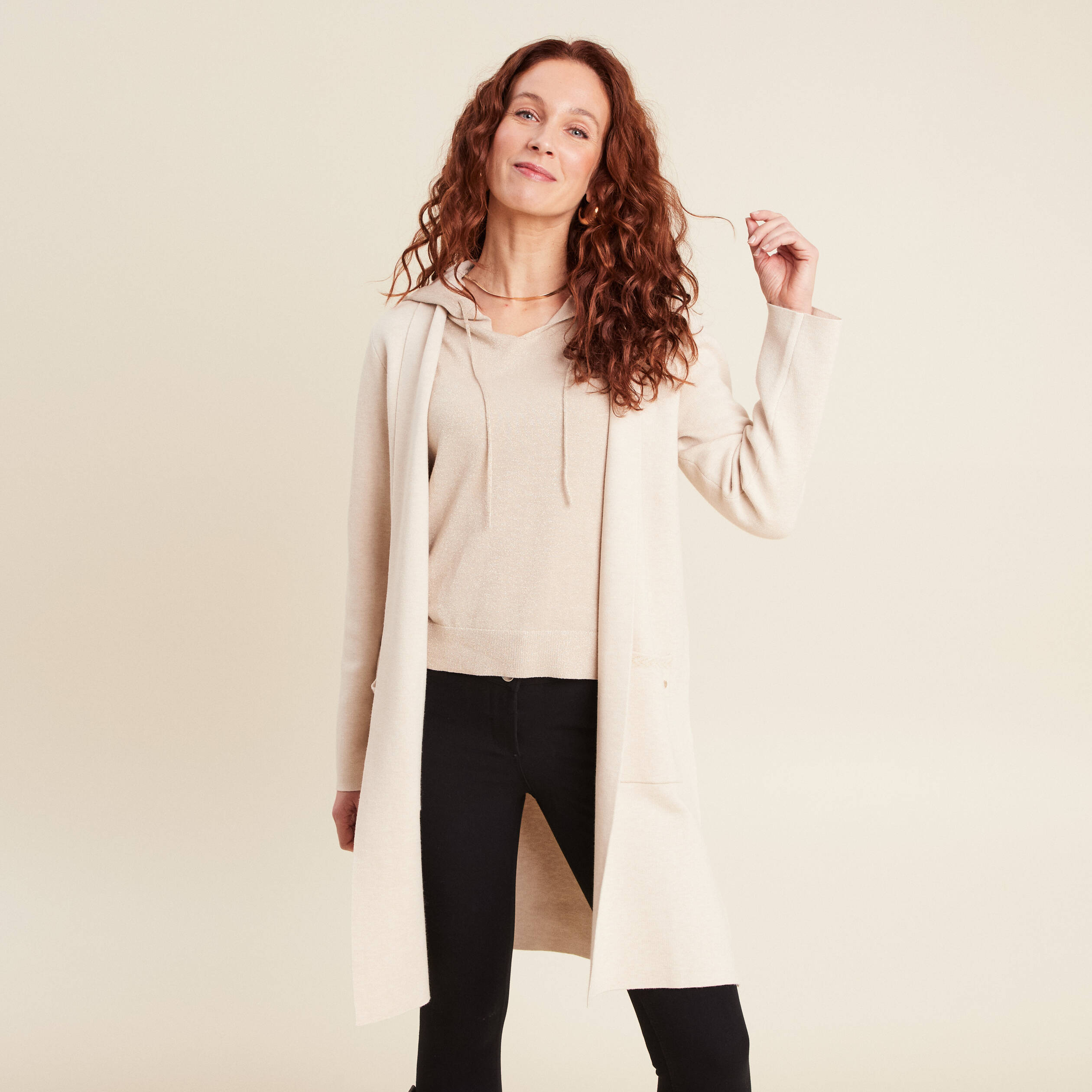 Gilet long manches longues creme femme