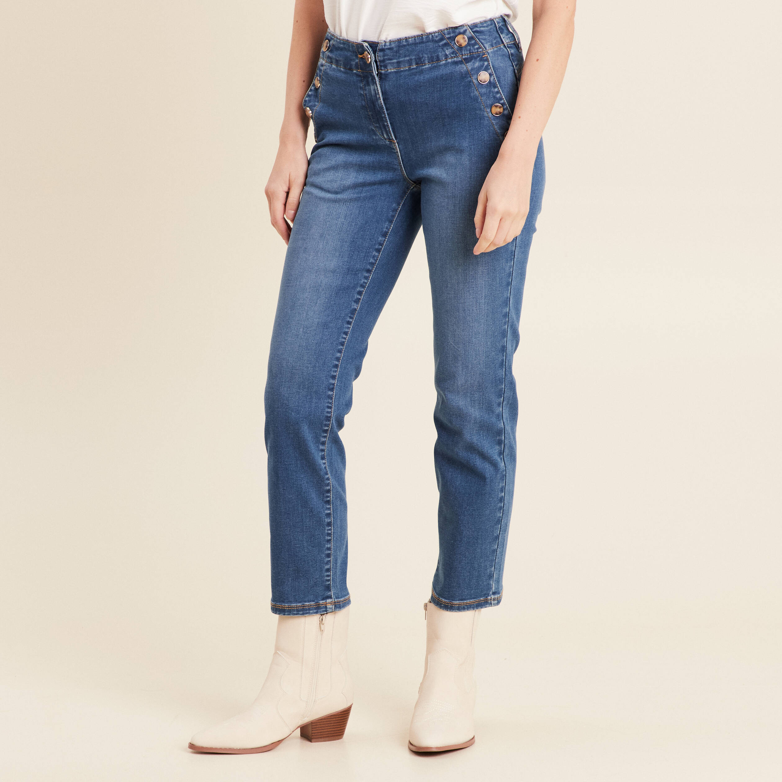 Jean droit 7/8ème à pont denim stone femme