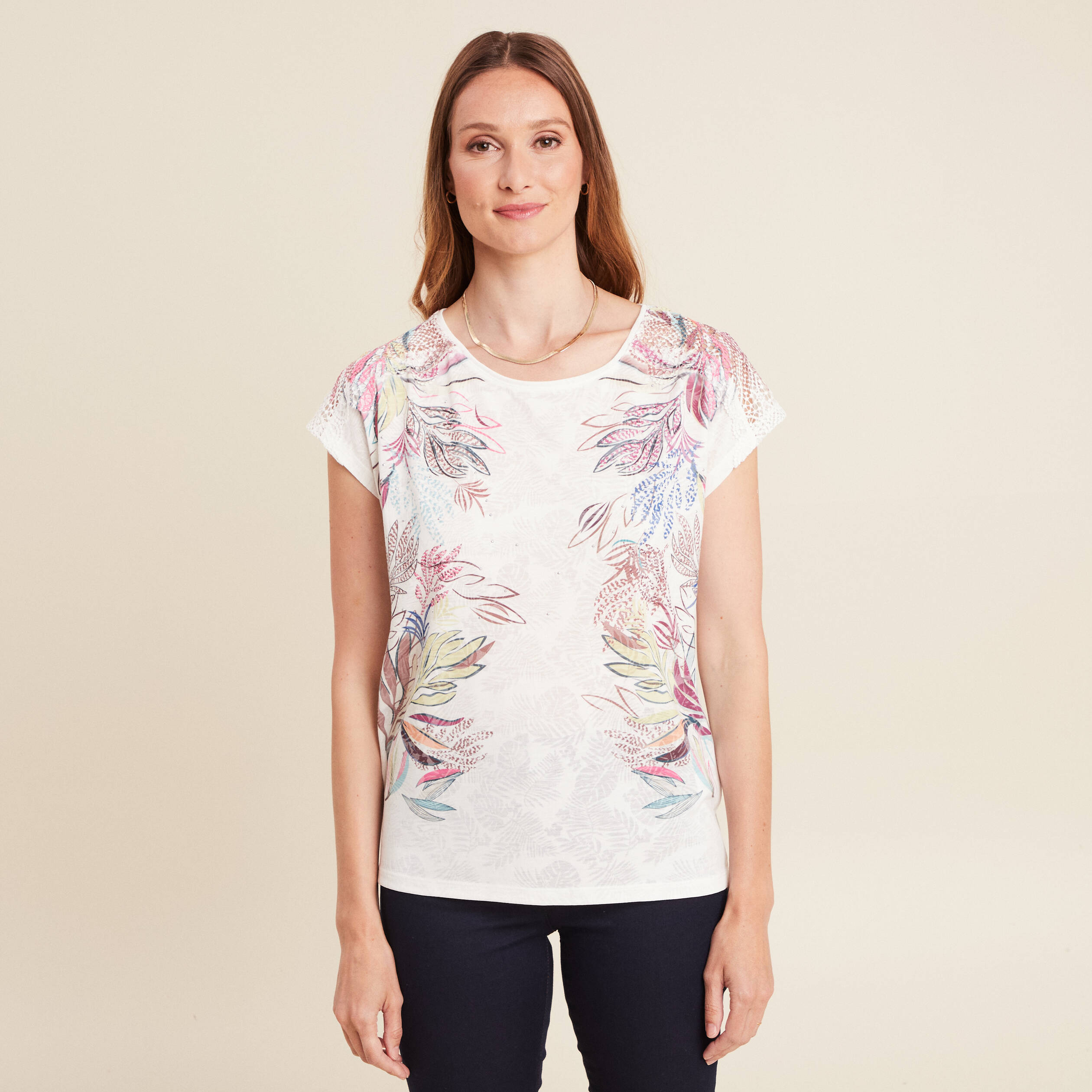 T-shirt col rond manches courtes ecru femme