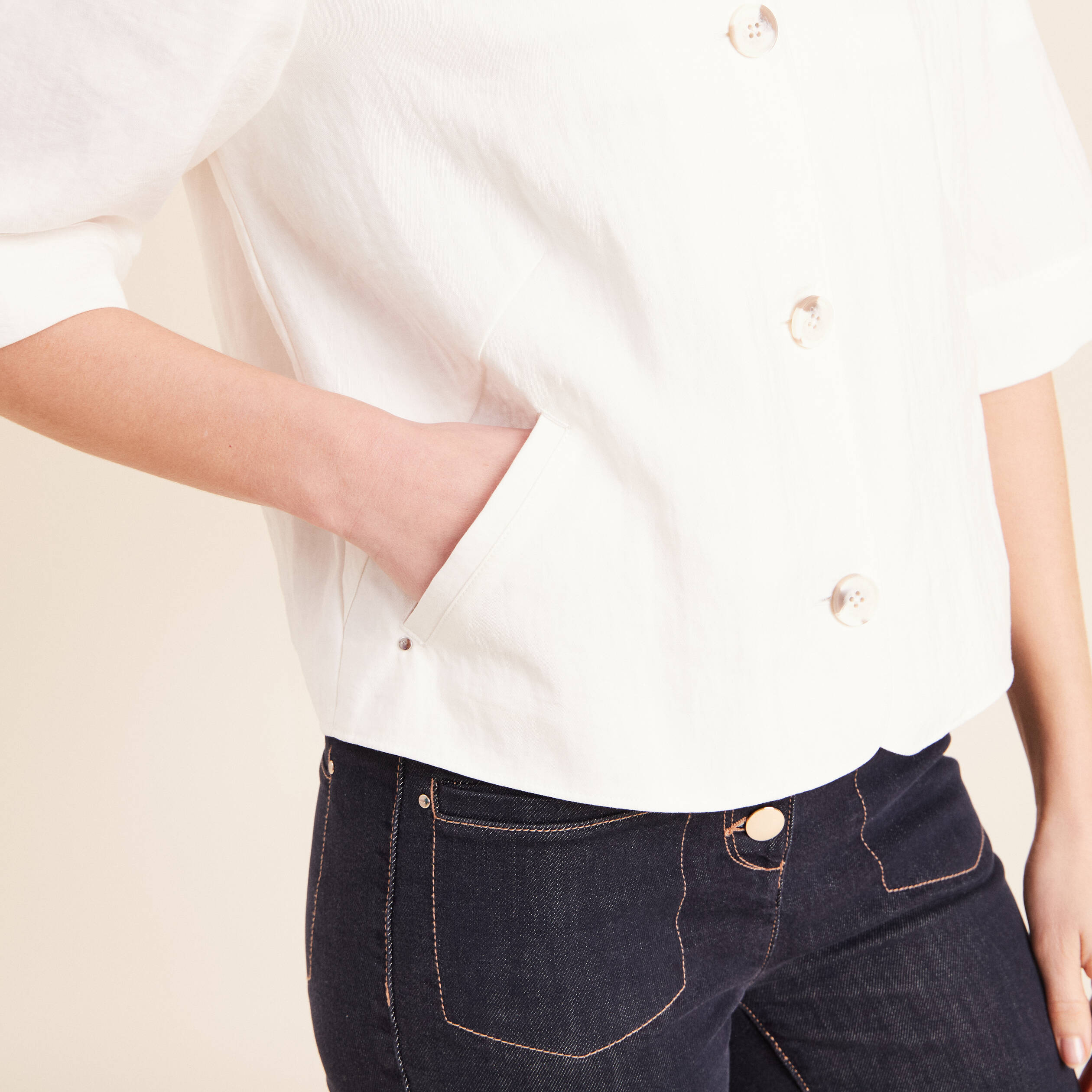 Veste droite courte manches 3/4 ecru femme
