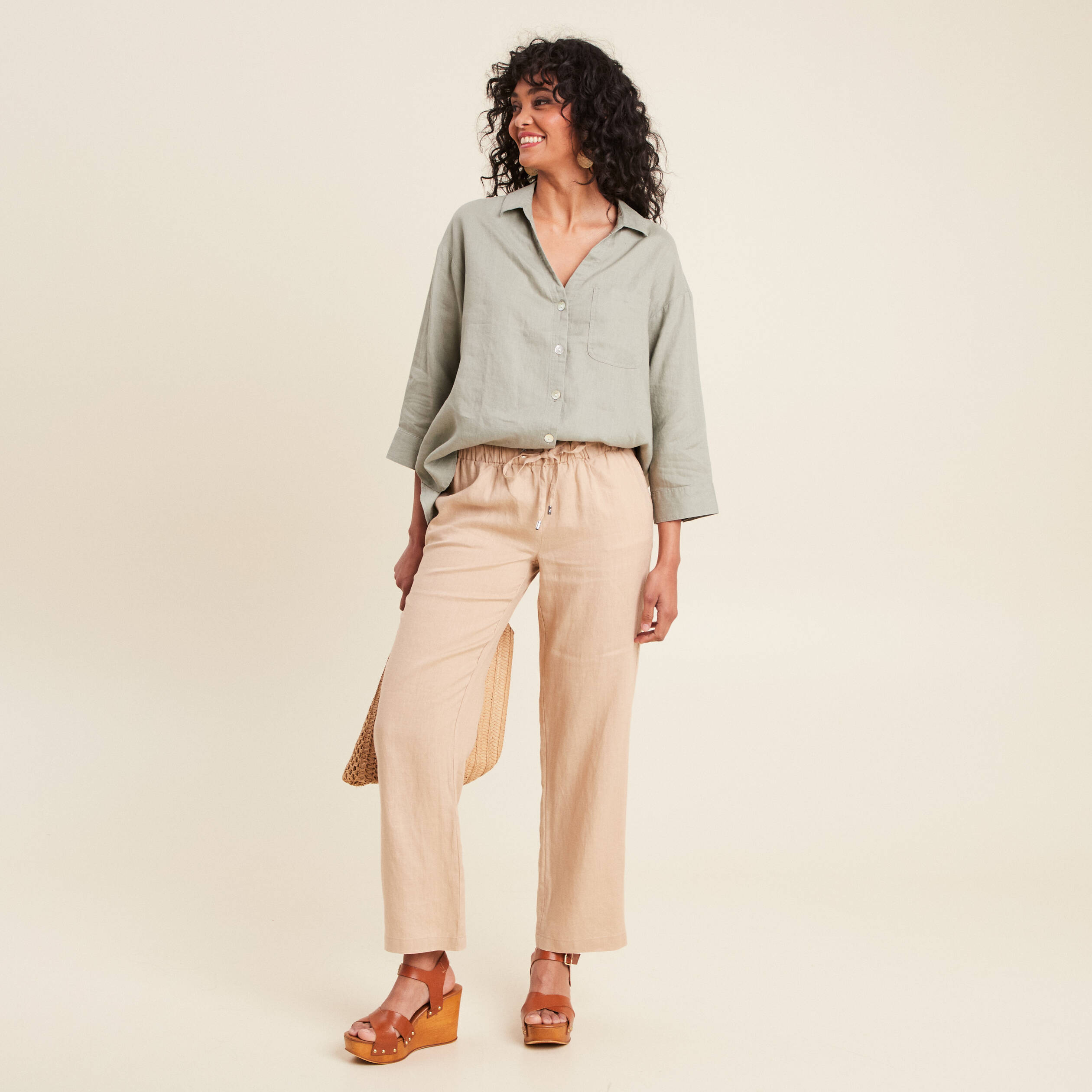 Pantalon flou 7/8ème en lin sable femme