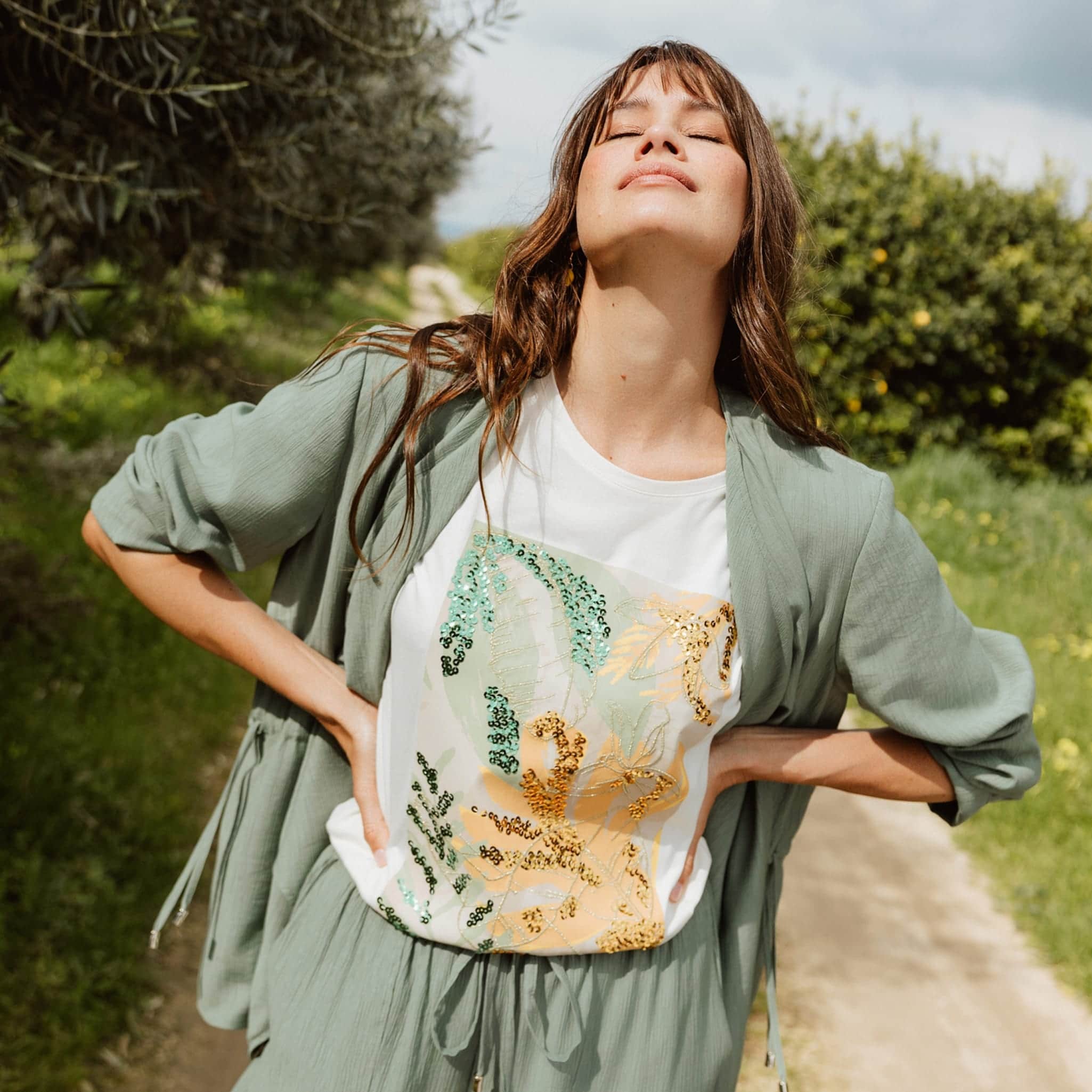 Veste fluide col cascade vert kaki femme