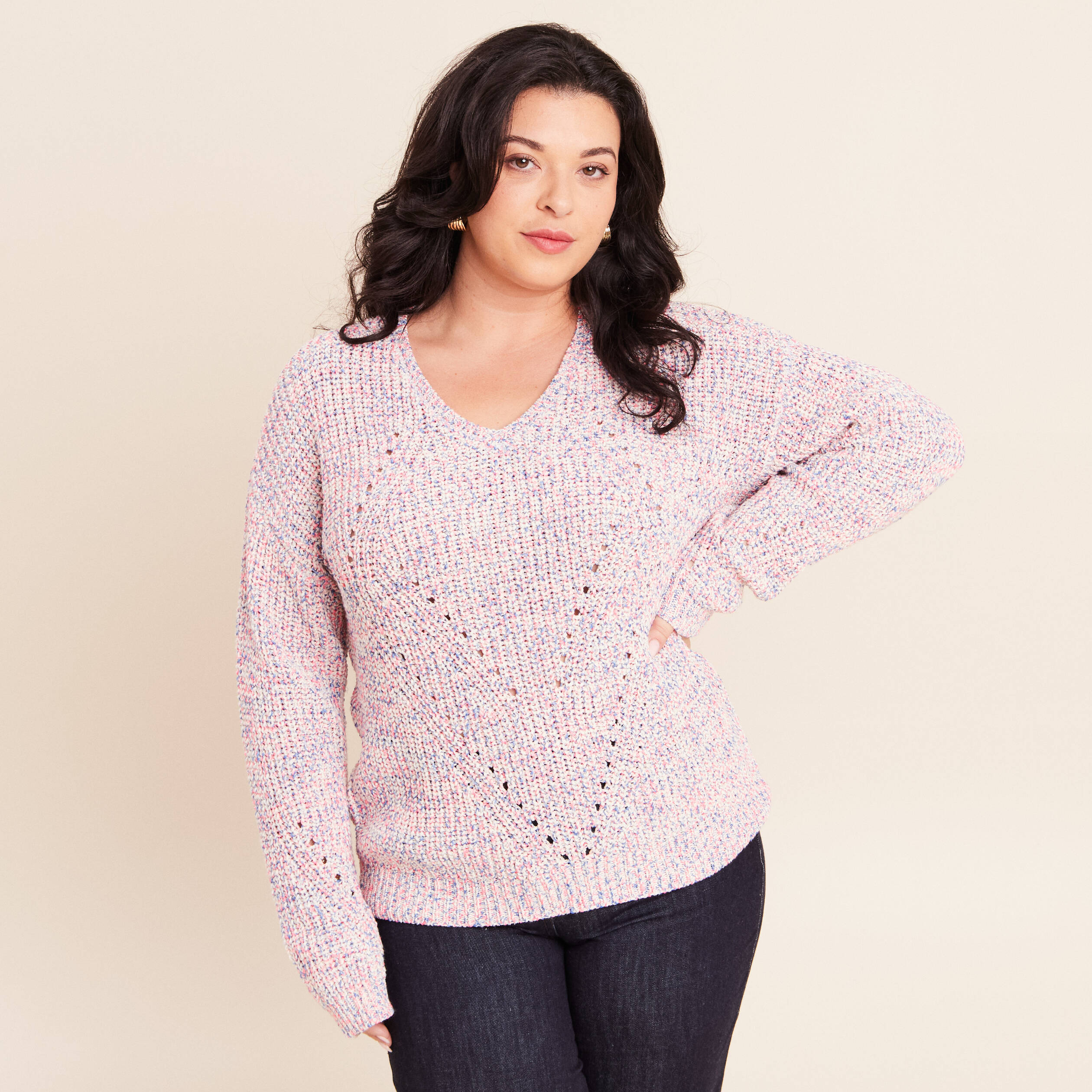 Pull droit long col v manches longues rose fushia femme