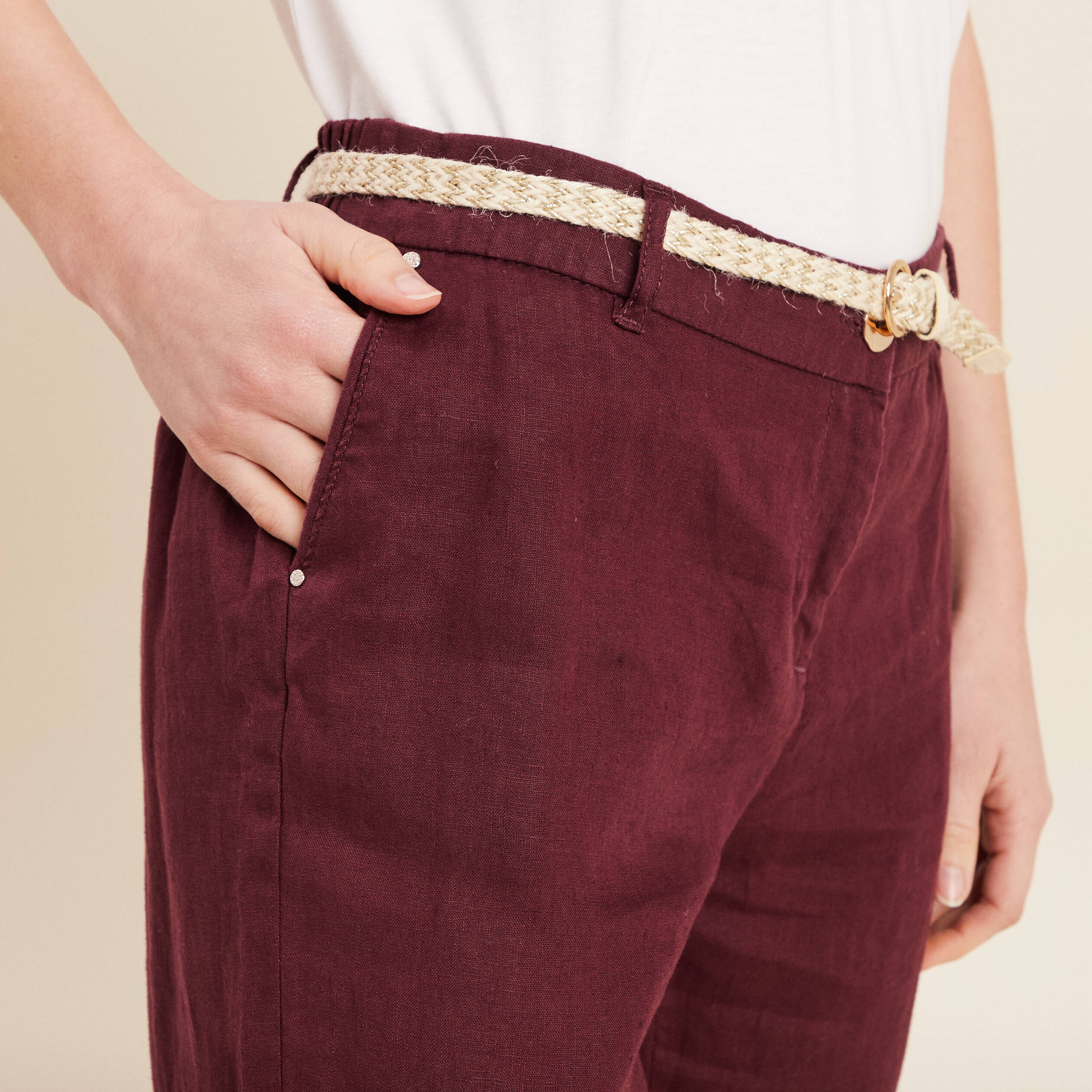 Pantalon flou ceinturé prune femme
