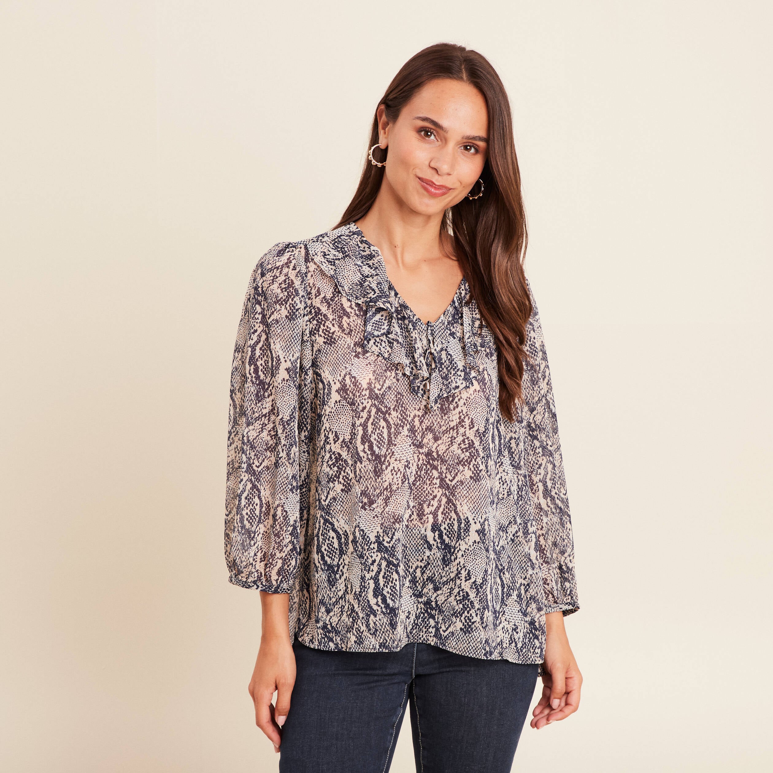 Blouse Ample En Voile Mousseline Col V Femme - Chemise Chic Fluide Manches Mi-Longues
