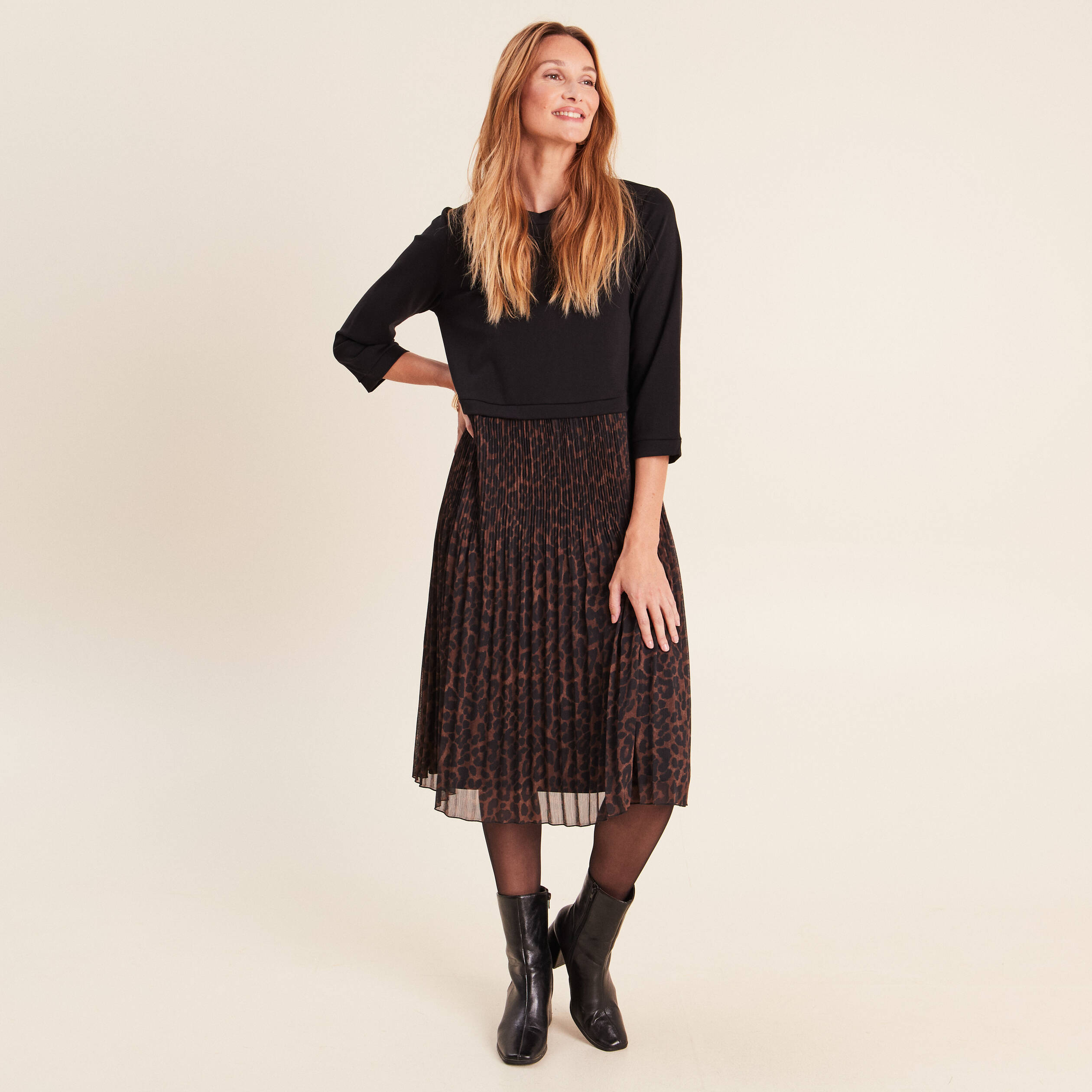 Robe bi-mati&egrave;re &eacute;vas&eacute;e col rond marron femme