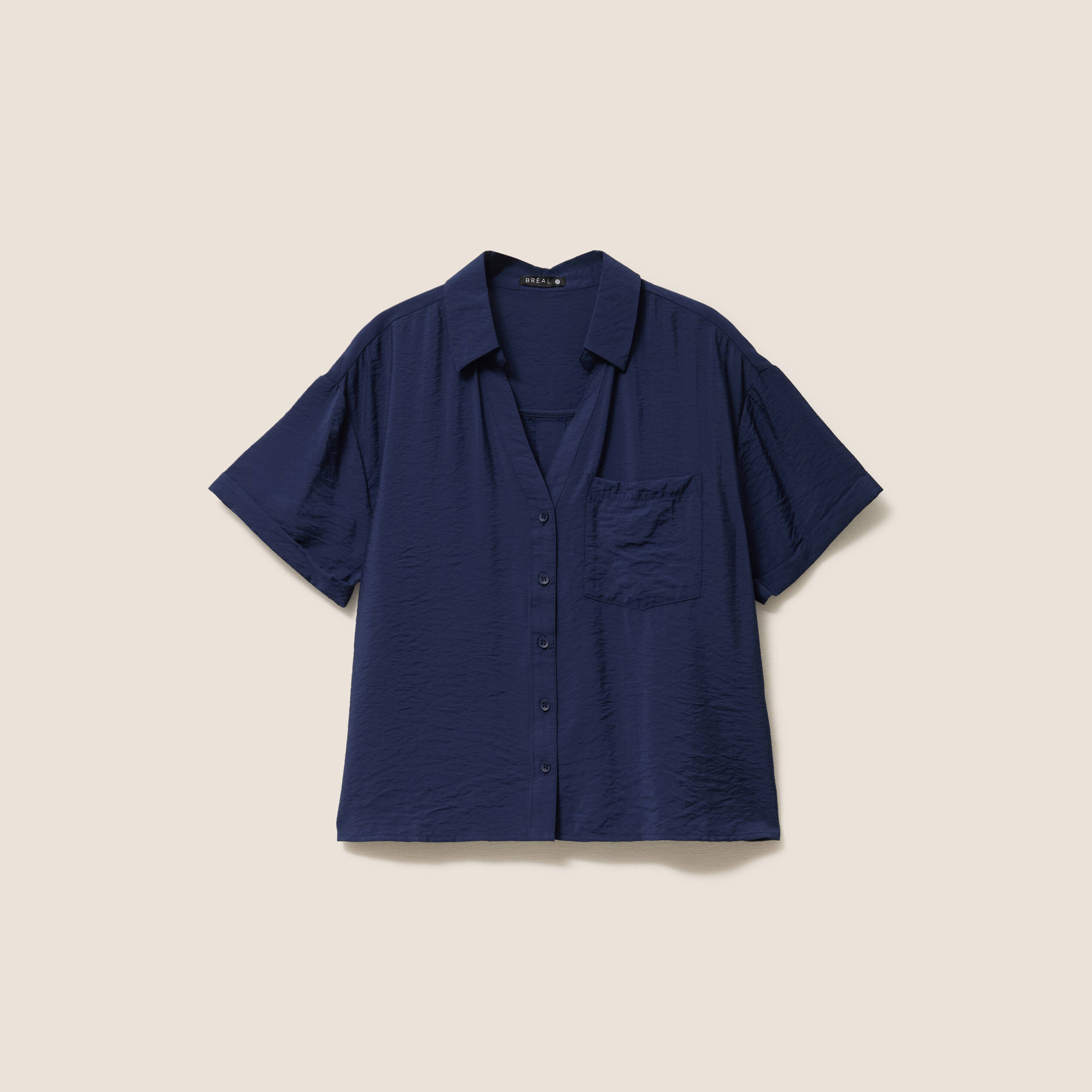 Chemise ample courte &agrave; manches courtes bleu marine femme