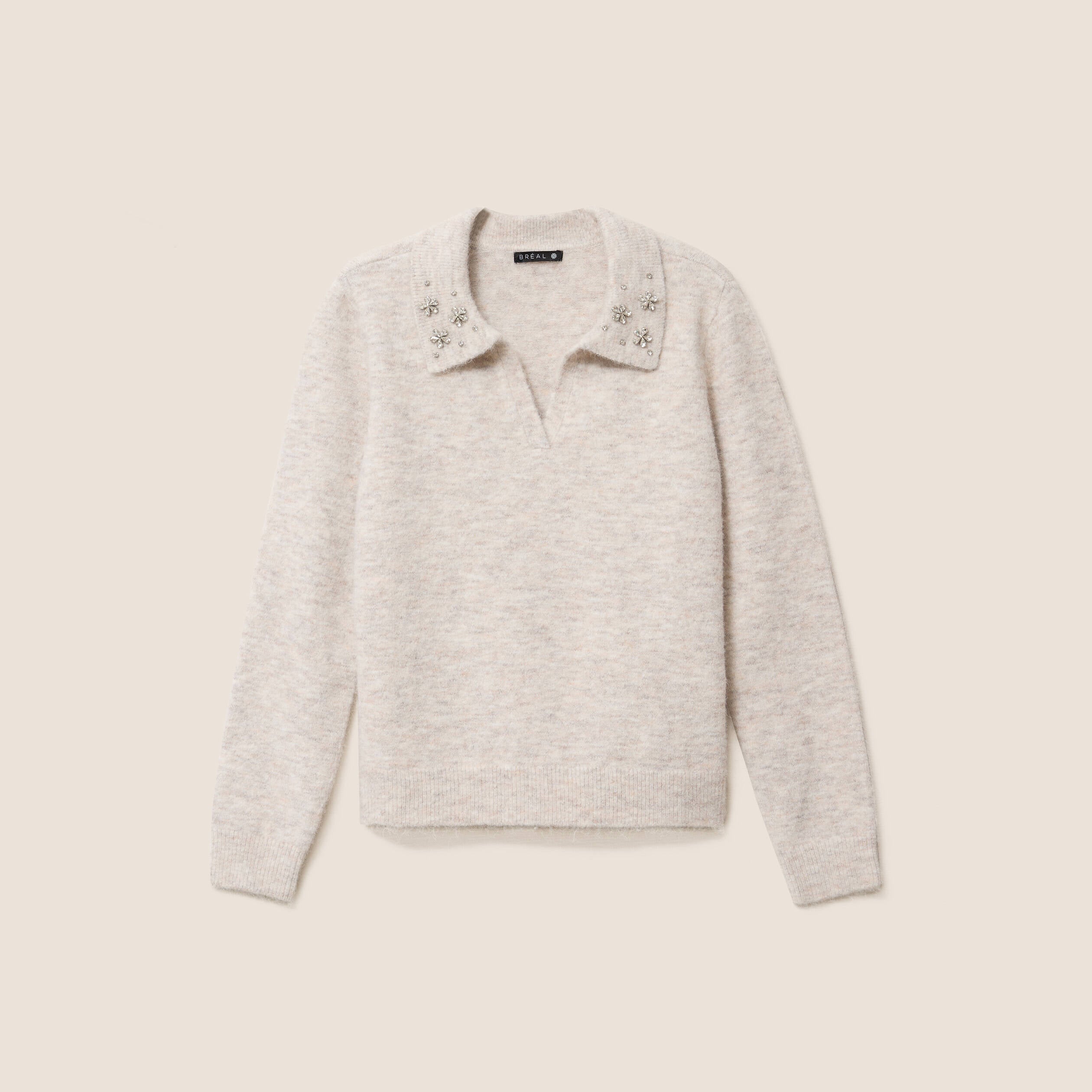 Pull col polo et d&eacute;tails bijout&eacute;s beige femme