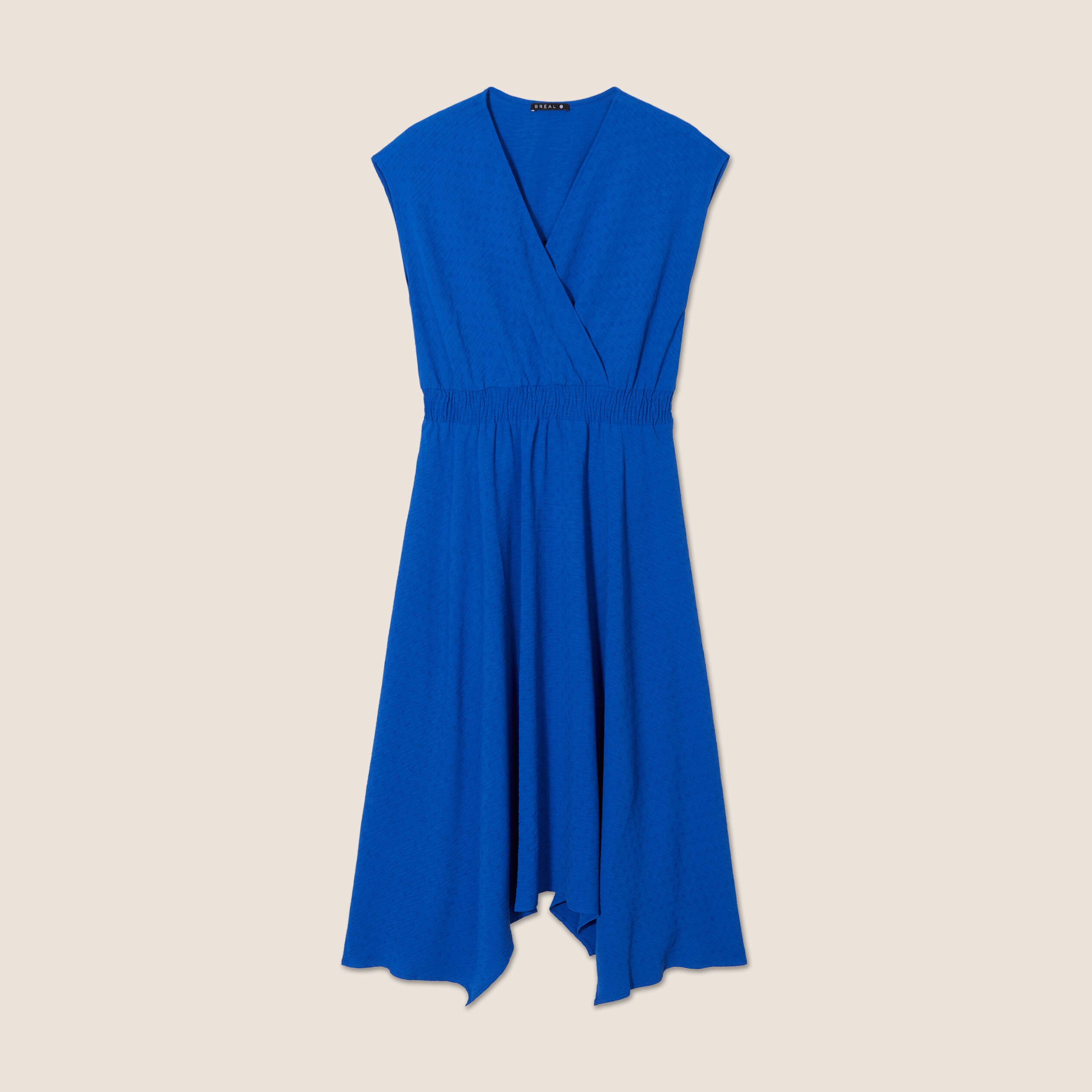 Robe évasée taille smockée bleu electrique femme