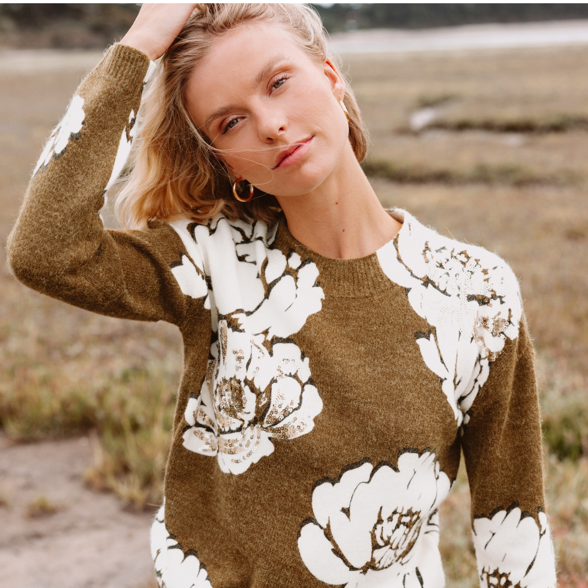 Pull col rond manches longues à sequins vert femme Bréal