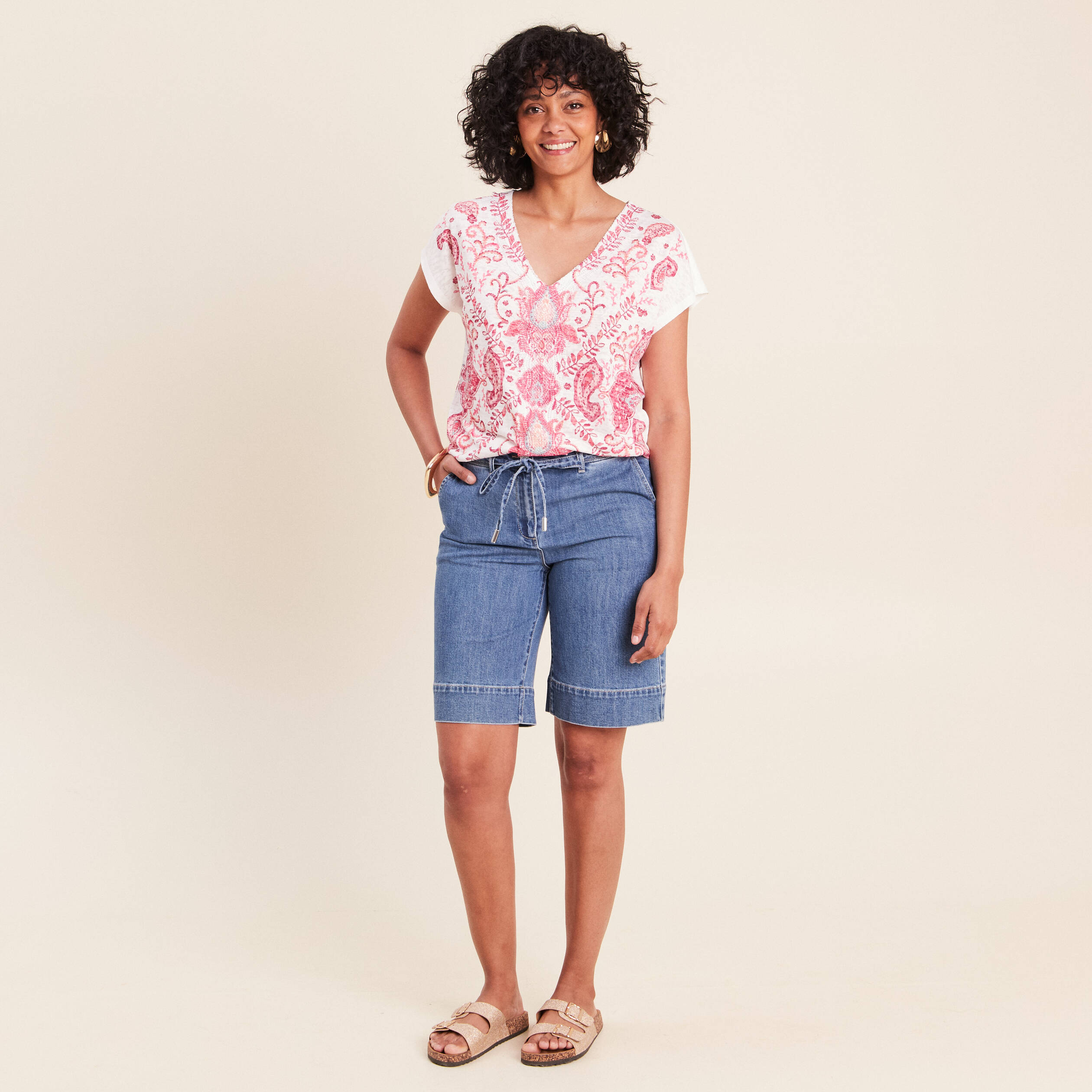 T-shirt macram&eacute; manches courtes ecru femme