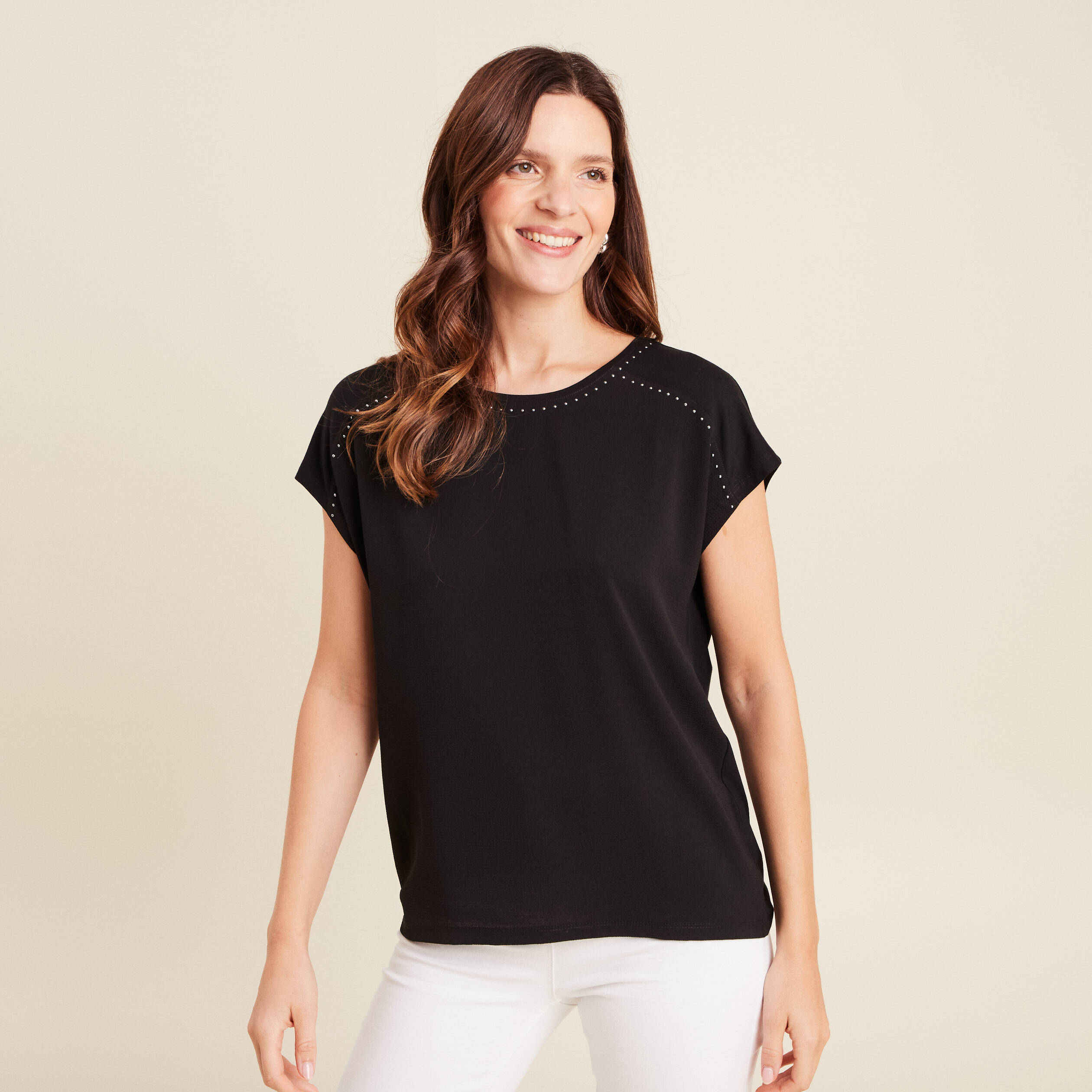 T-shirt bi-mati&egrave;re manches courtes noir femme