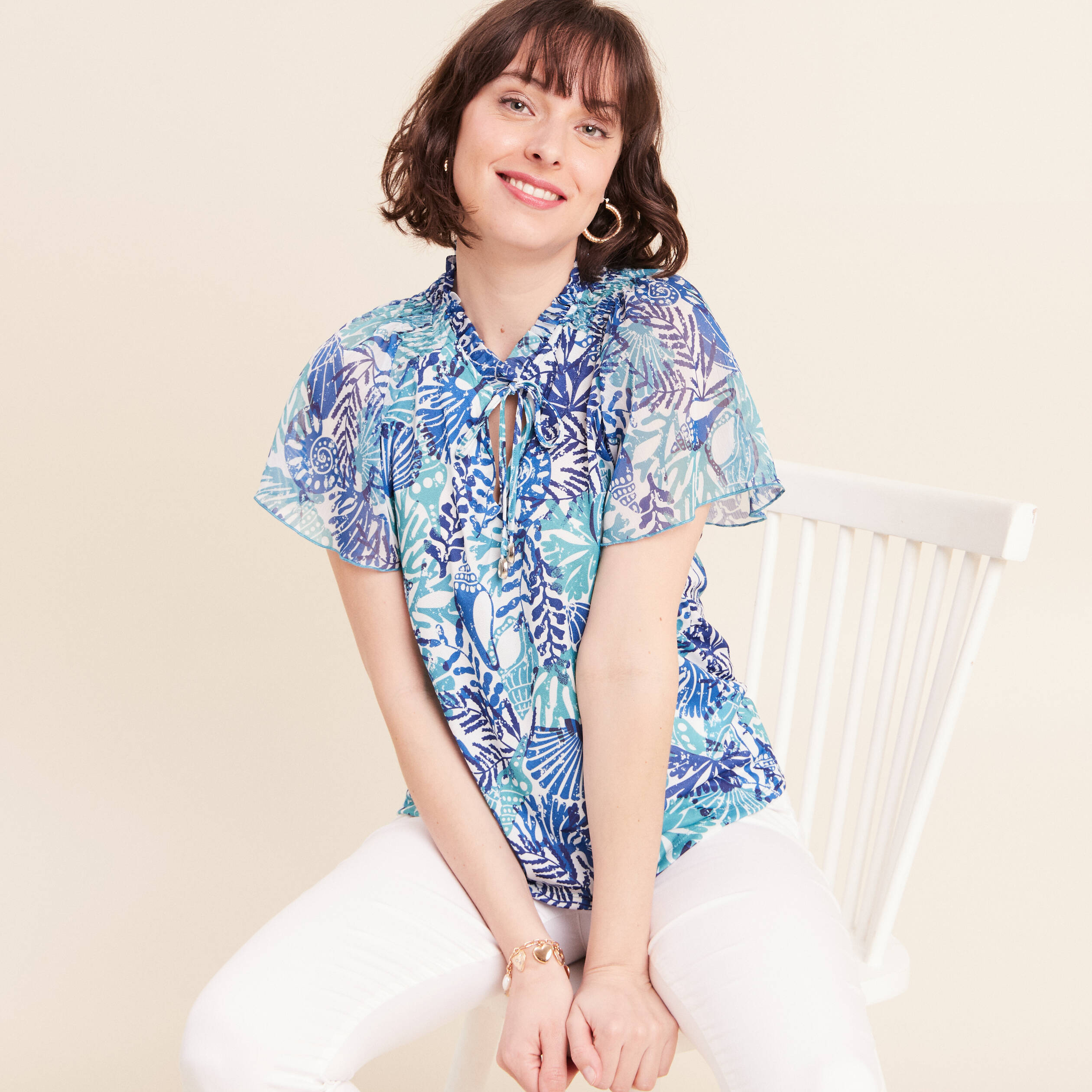 T-shirt col tunisien manches courtes bleu femme