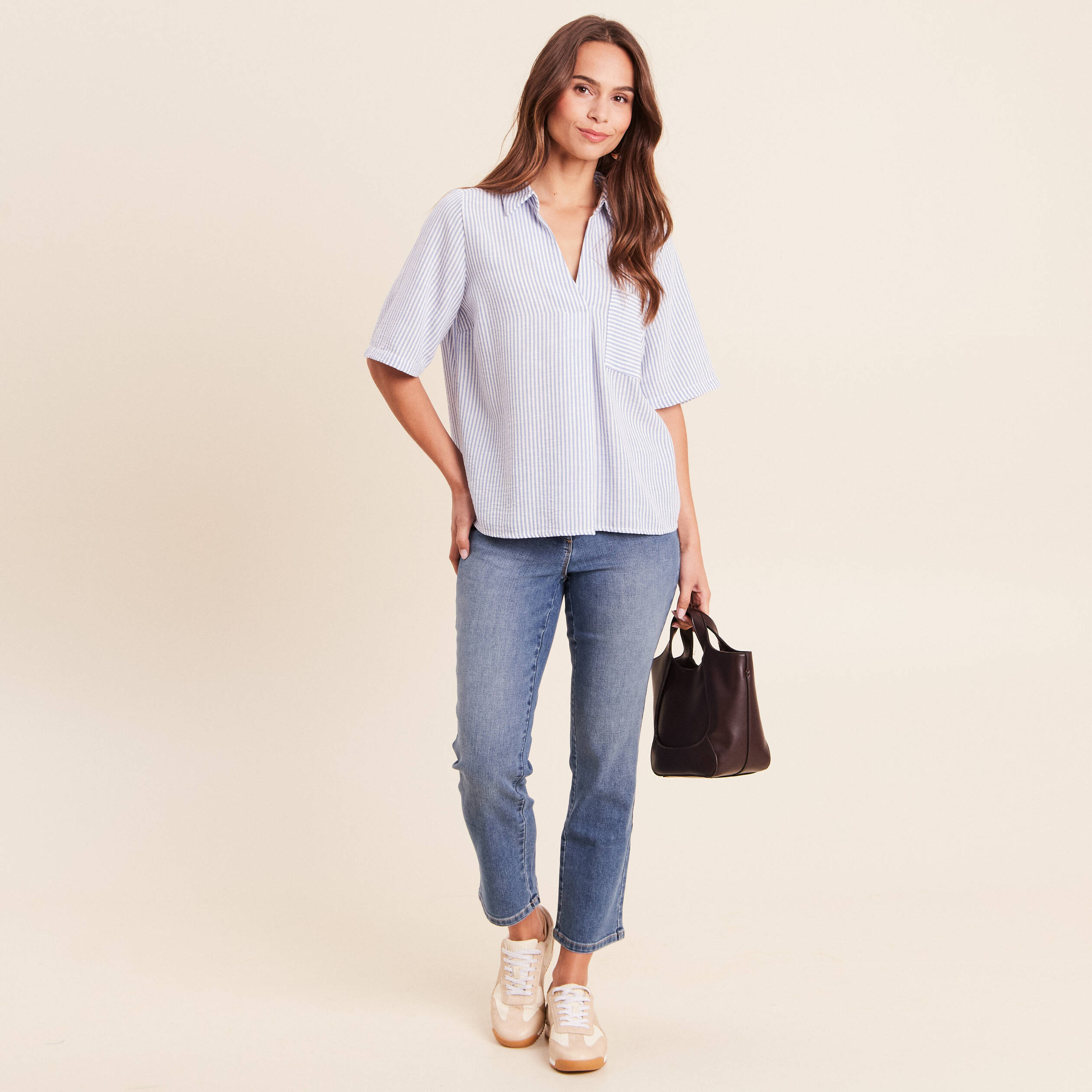 Blouse ample col chemise manches courtes bleu femme