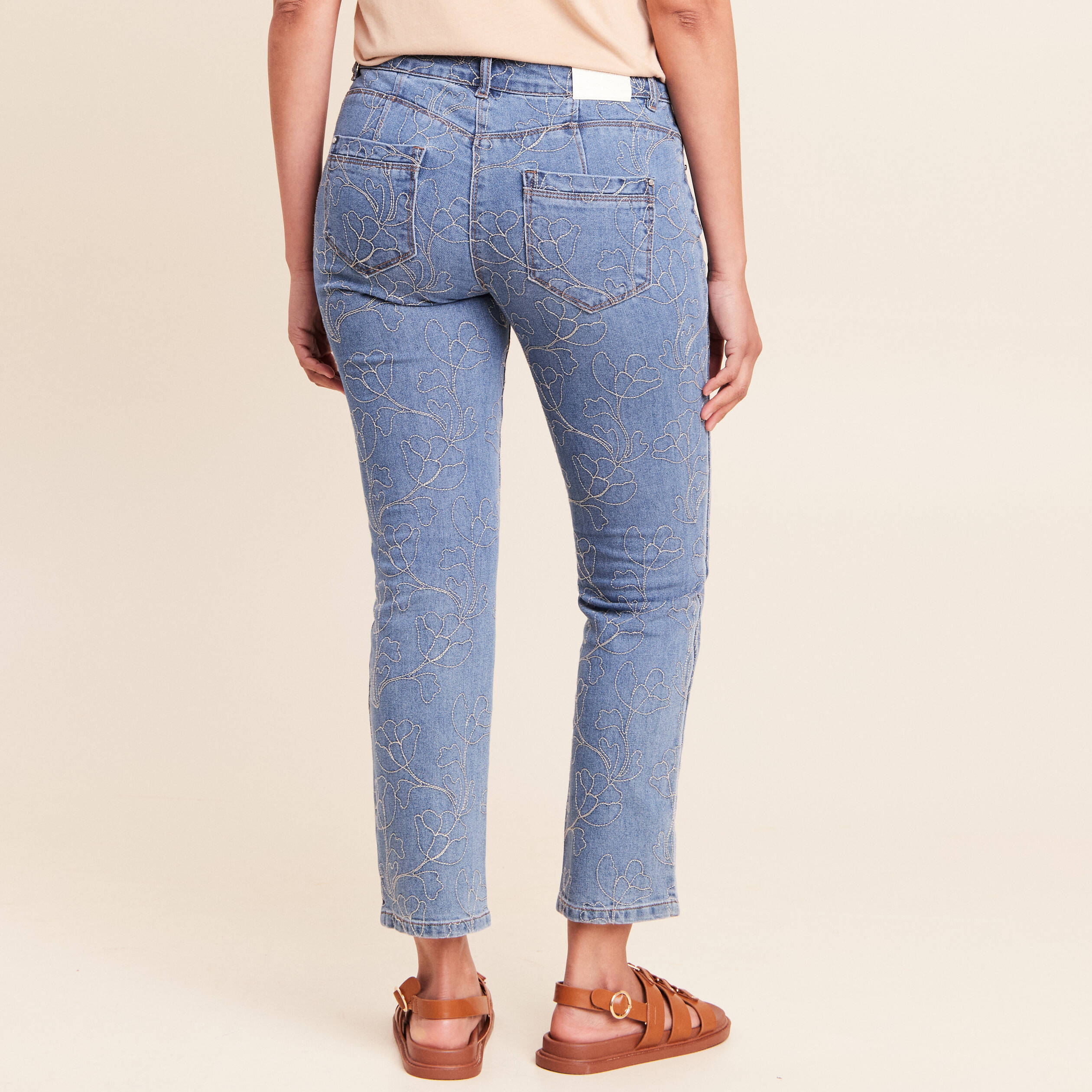 Jean coupe droite 7/8&egrave;me taille bascul&eacute;e denim double stone femme