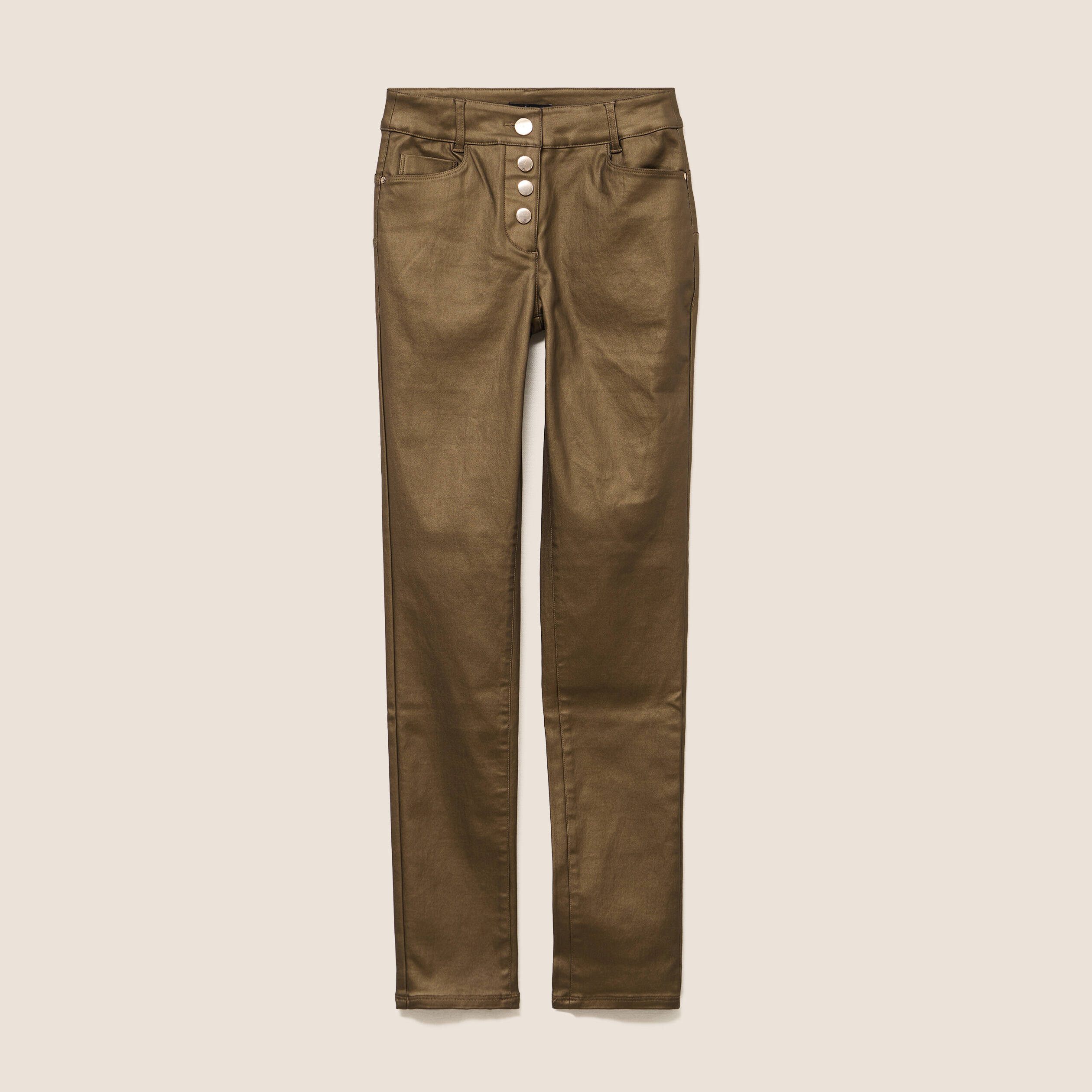 Pantalon ajust&eacute; taille bascul&eacute;e enduit vert kaki femme