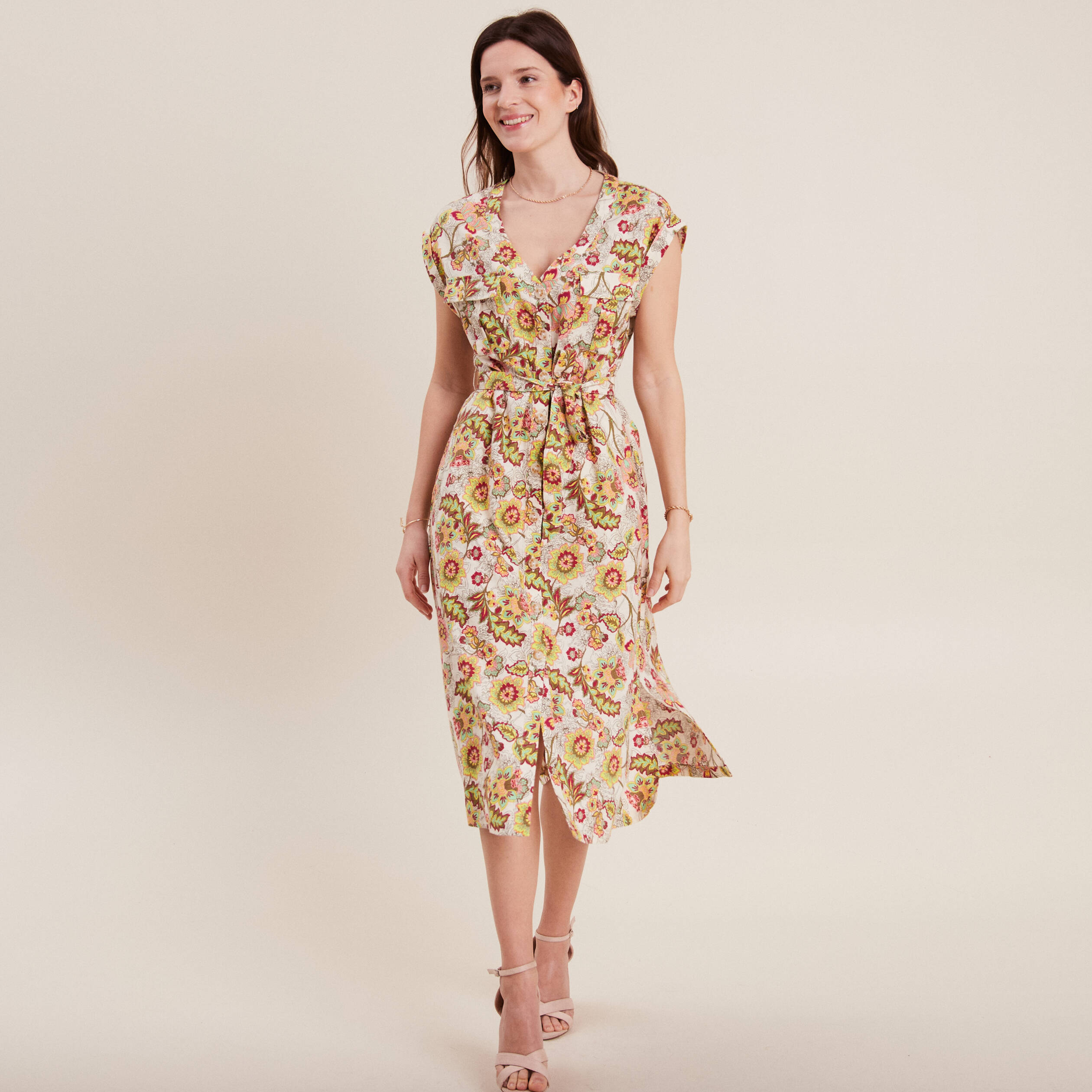 BUDAA Chemise longue ample boutonnée avec col en V et revers retroussé