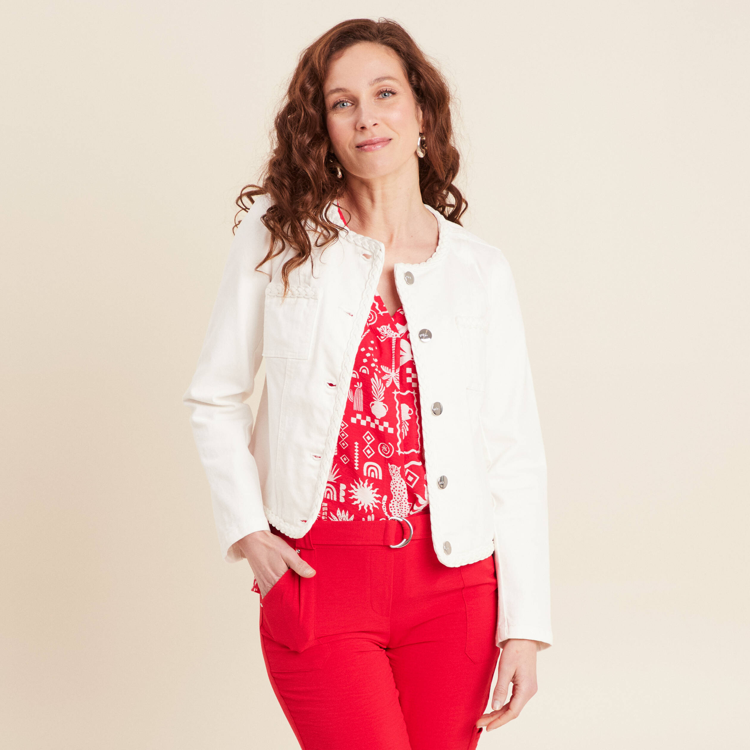 Veste en jean détails tressés blanc femme