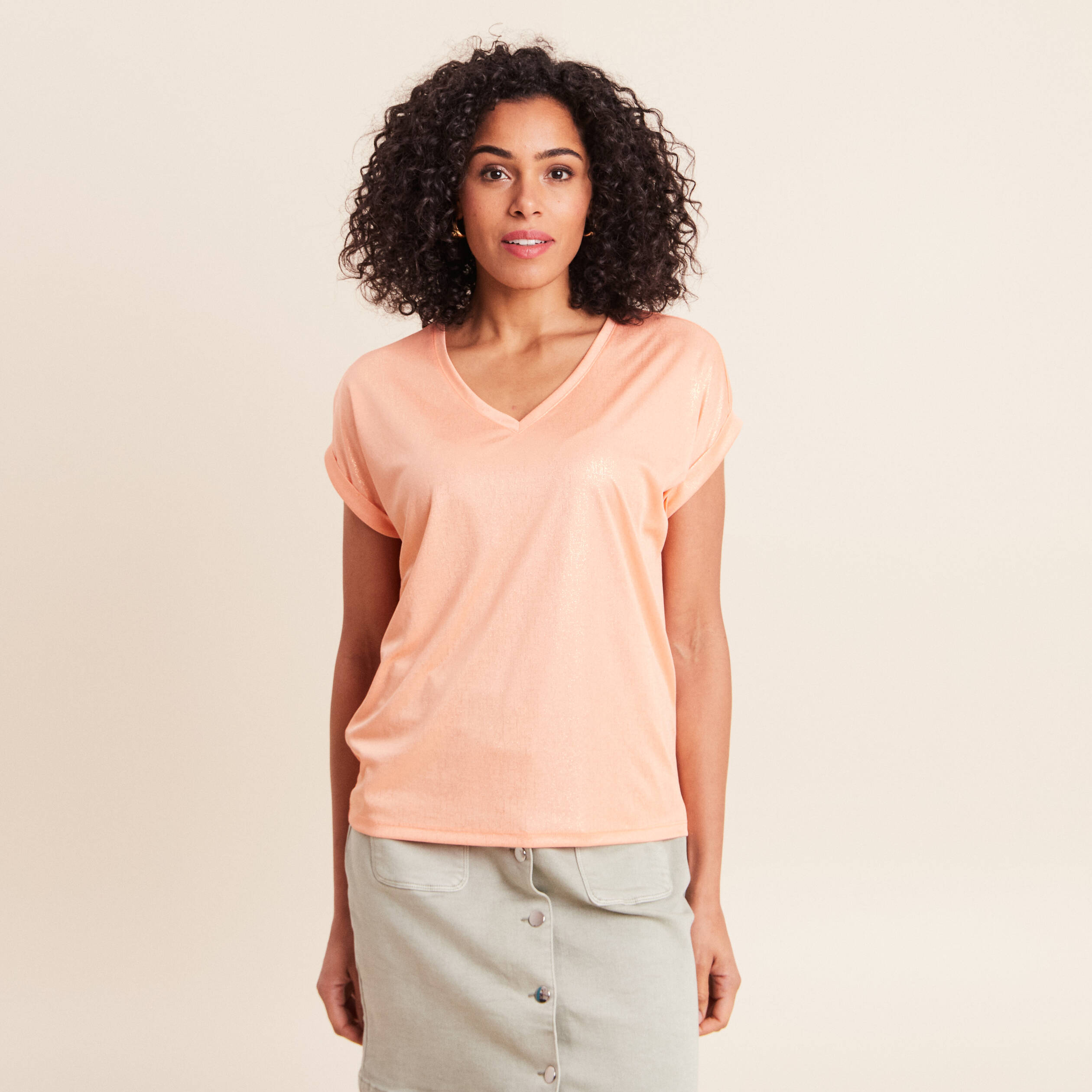 T-shirt manches courtes rose saumon femme