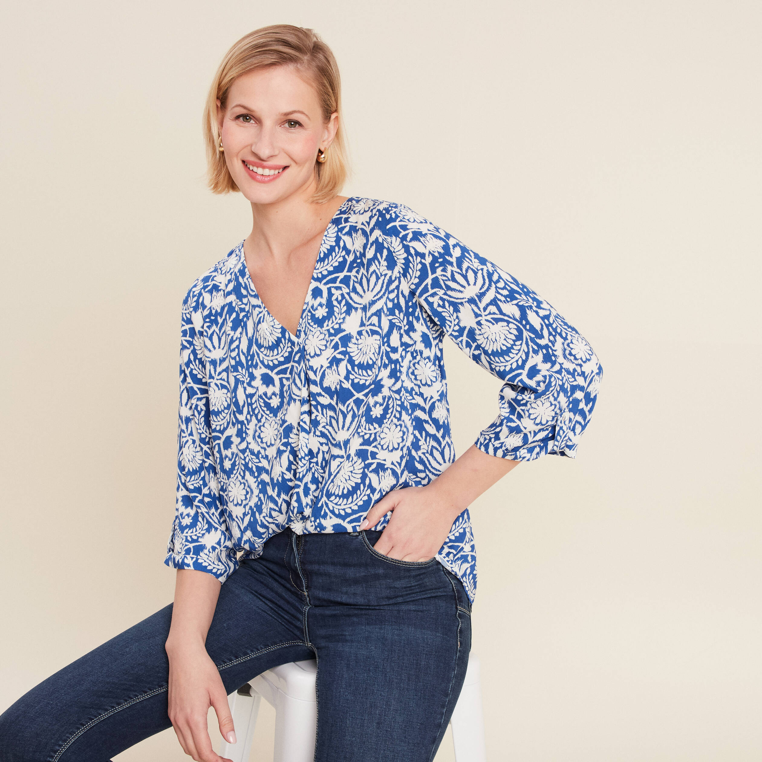 Blouse manches 3/4 bleu femme
