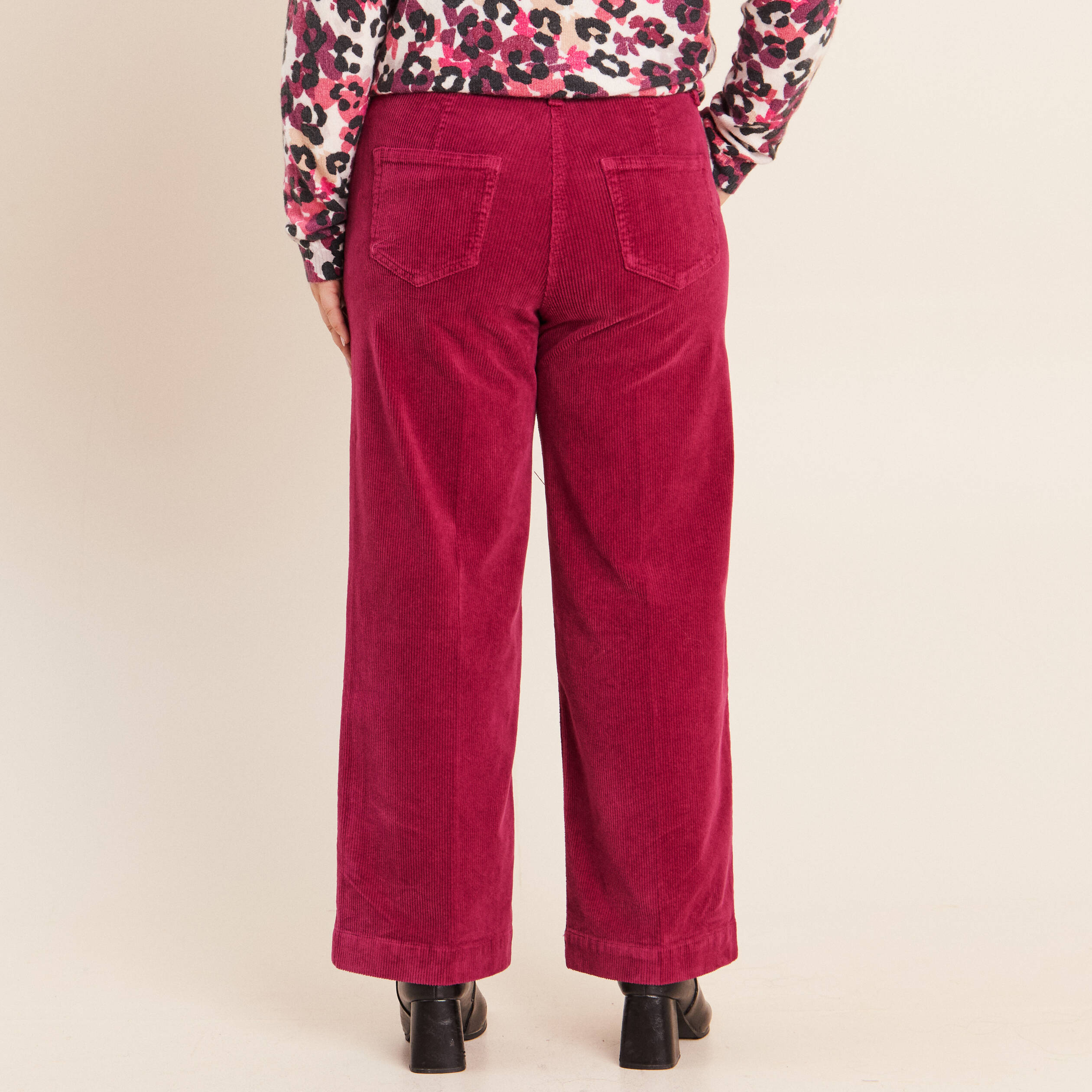 Pantalon large velours c&ocirc;tel&eacute; rouge fonc&eacute; femme