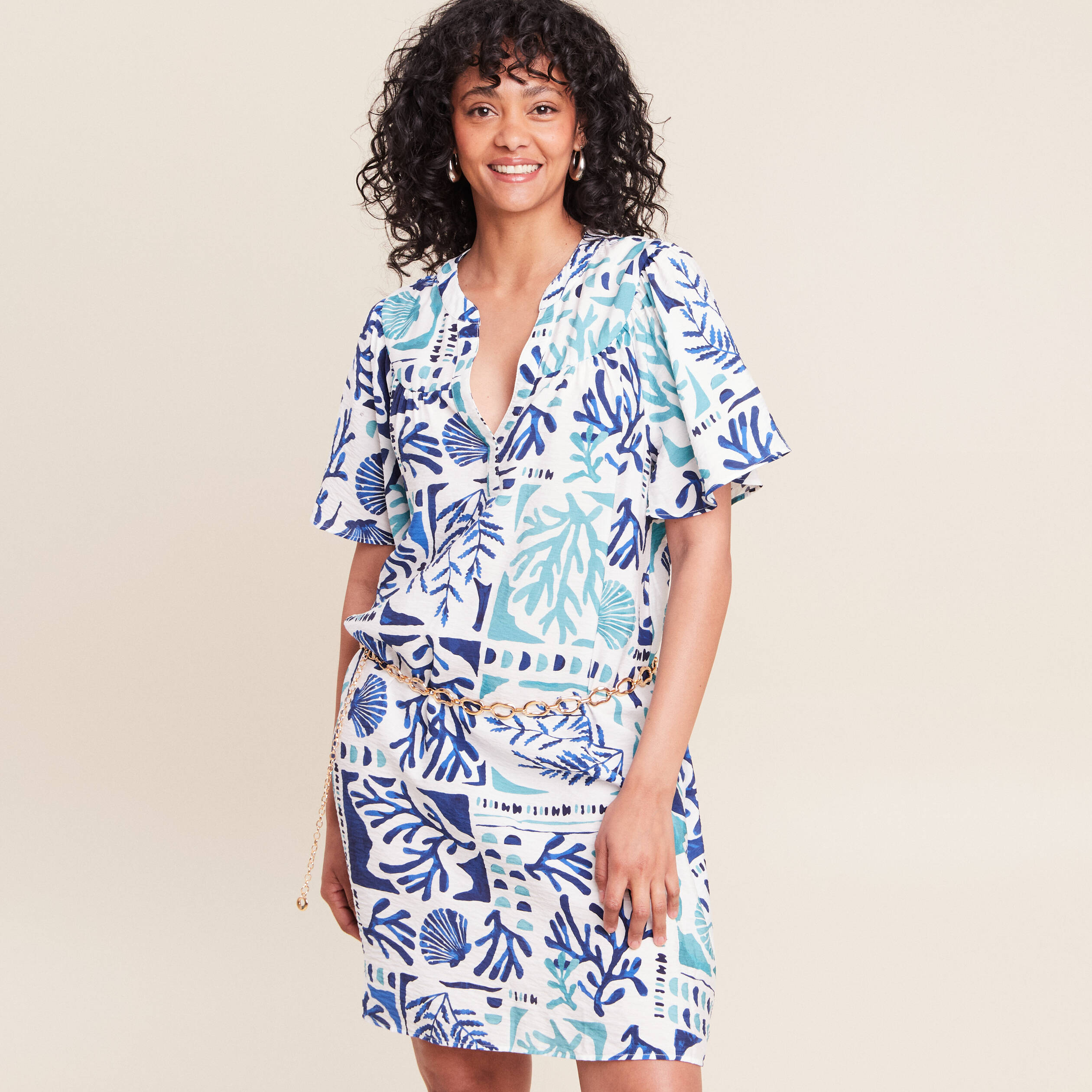 Robe droite courte col tunisien bleu femme