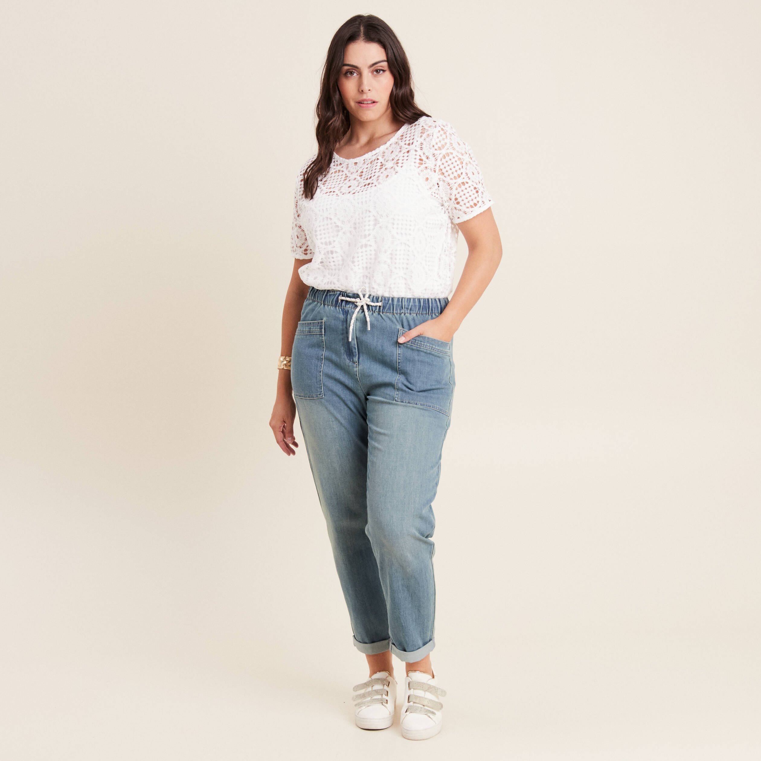 Jean large à coulisse denim double stone femme