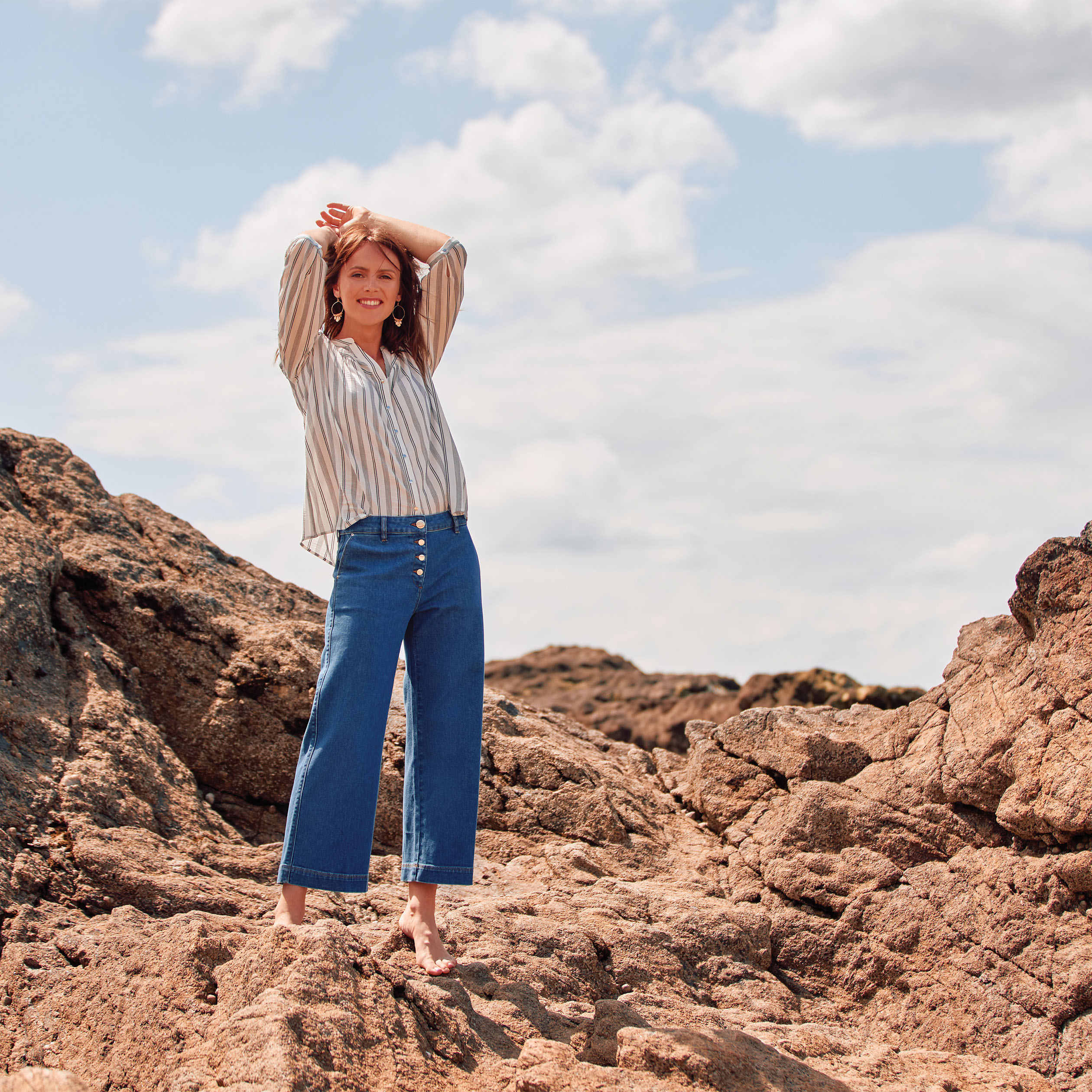 Jean large boutonn denim stone femme