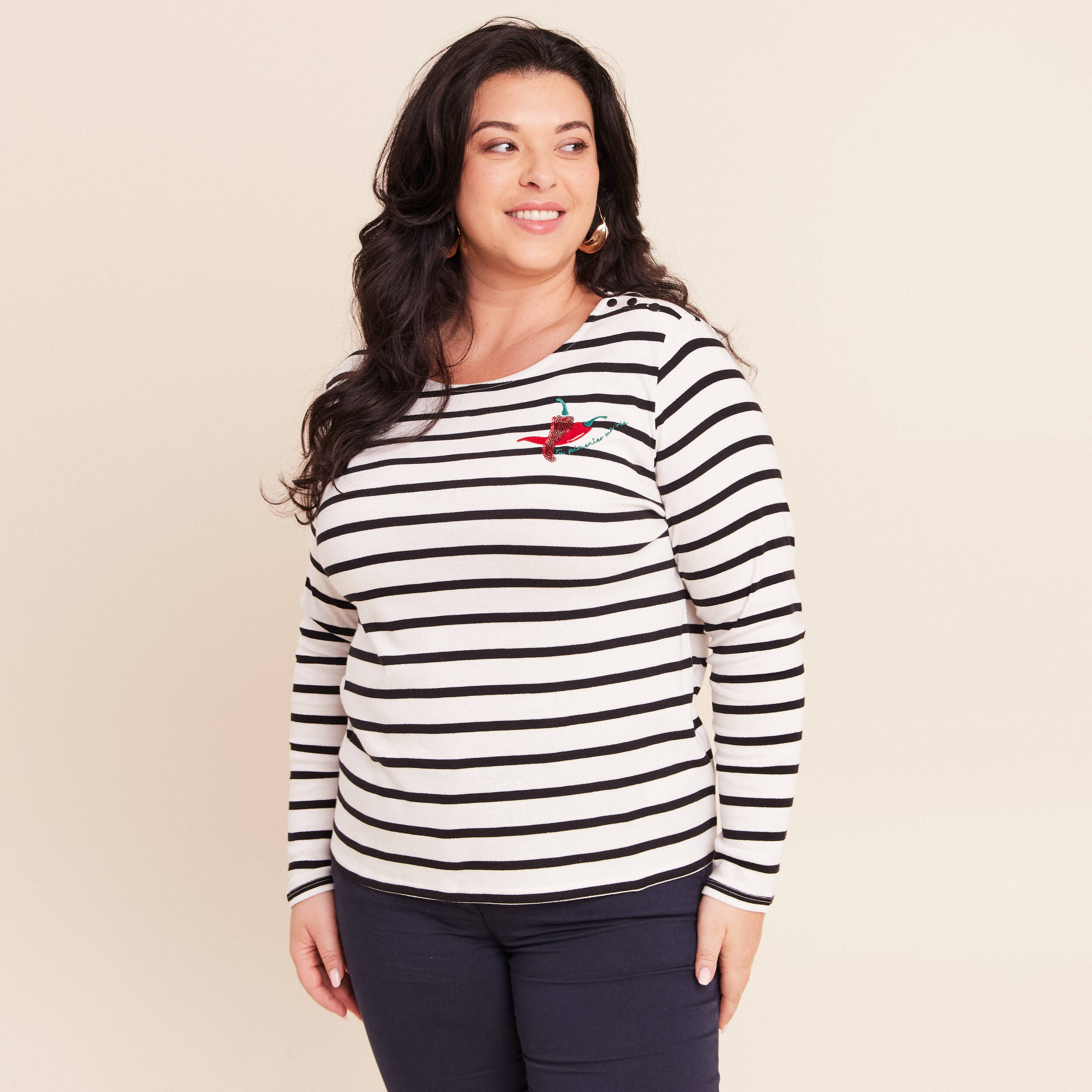 T-shirt marini&egrave;re avec broderie sequins noir femme
