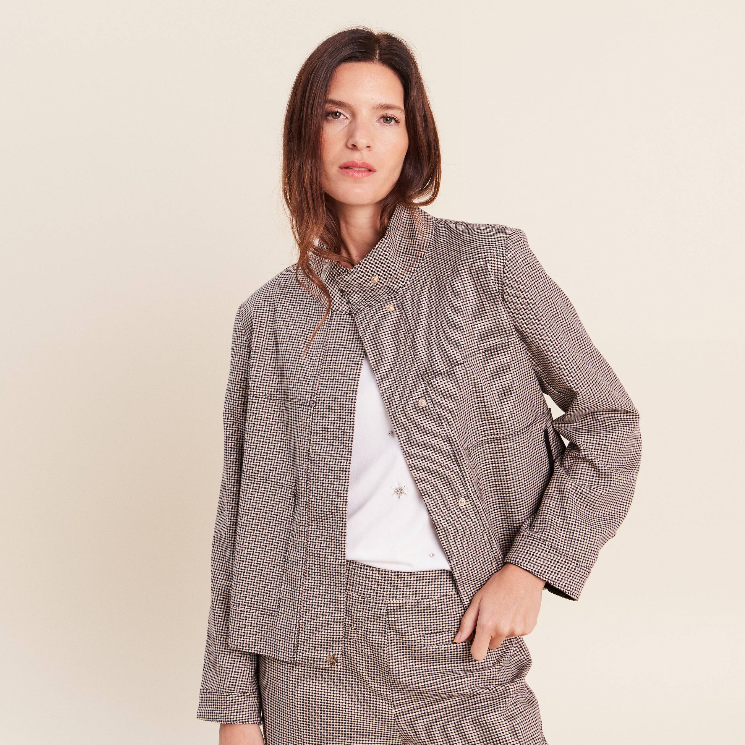 Veste col montant doubl&eacute;e marron femme