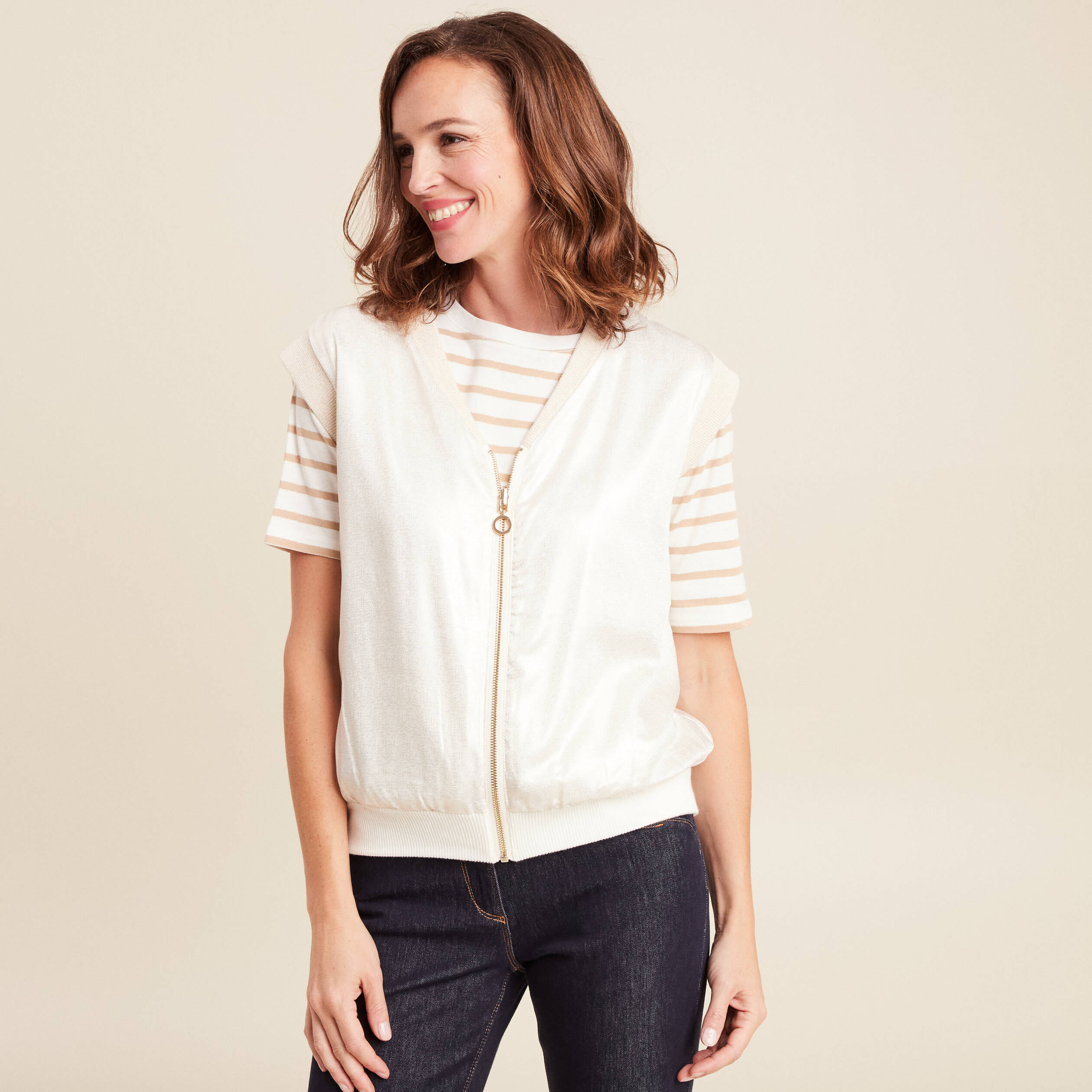gilet reversible sans manches en coton ecru femme gilet réversible sans manches en coton ecru femme