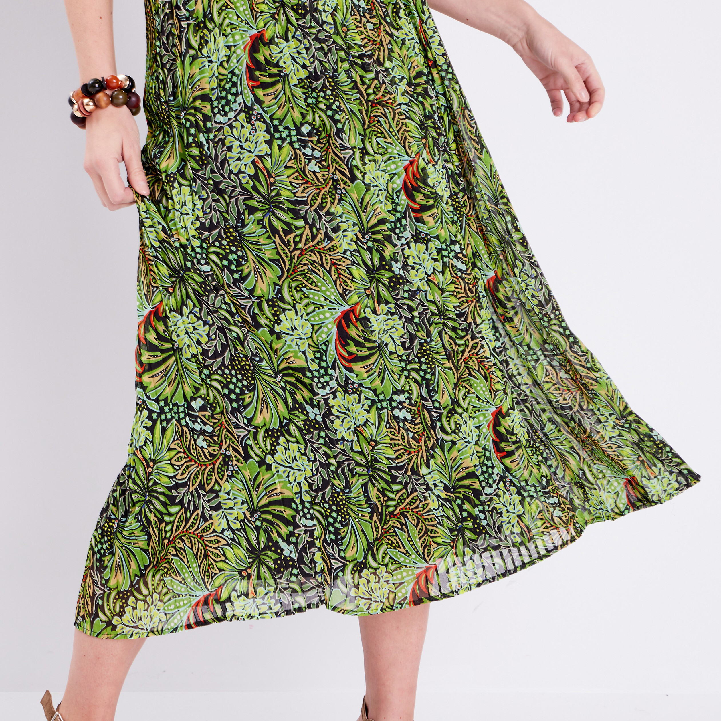 Jupe longue droite plissée vert femme